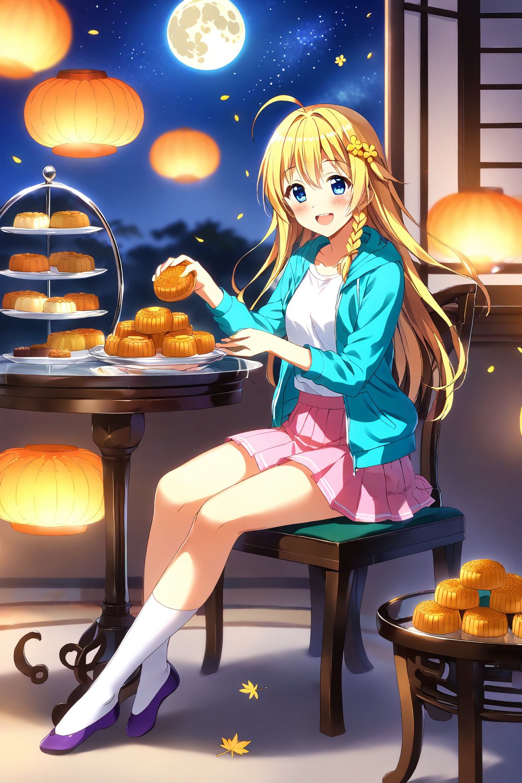 score_9, score_8_up, score_7_up, source_anime, masterpiece, best quality,(1girl), solo,(depth of field),(solo focus),8K,HDR,(ultra high res),(highres),(full body),(full body),(perfect lighting),smiles,blush,(iris/(/konosuba)),(blonde hair),(long hair),ahoge,((grapes hair ornament),(hair betwwen eyes),(bangs),(blue eyes),(side braid),(blue eyes),(aqua jacket),(open jacket),(white shirt),(pink skirt),(white socks),(purple footwear),(ballet flats),(mid-autumn festival),(sky lantern),(sitting),(on chair),(armchair),(balcony),(((brown mooncake),food)on plate),(holding mooncake),(maple leaf),(teacup),(teapot),(sanbou),(tsukimi dango),((glass table),(round table)),(gold osmanthus),(yellow flower),(night sky),(star \(sky\)),(full moon),(culture),china,(tile floor)