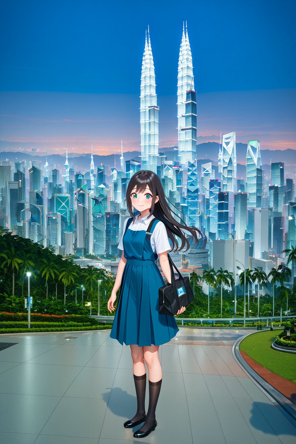 masterpiece, best quality,(1girl), solo,(depth of field),(solo focus),8K,HDR,(ultra high res),(highres),(full body),(lens flare),smiles,blush,(closed mouth),(black hair), (long hair),(aqua eyes),(floating hair), sidelocks,(malaysian secondary school uniform),(schoollogo),(school's logo on right side (pinafore dress)),(aqua blue skirt),(blue pinafore),(collared shirt),(white shirt),(short sleeves),(black socks),(black footwear),(ballet flats),(standing),(outdoors),(cityspace),(holding bag),(lamppost),urban,(petronas twin tower),(Longhouse) ,(national airport tower),KLCC,(Kuala Lumpur countryside),(Kuala Lumper Tower),Malaysia,(blue sky),landmarks 