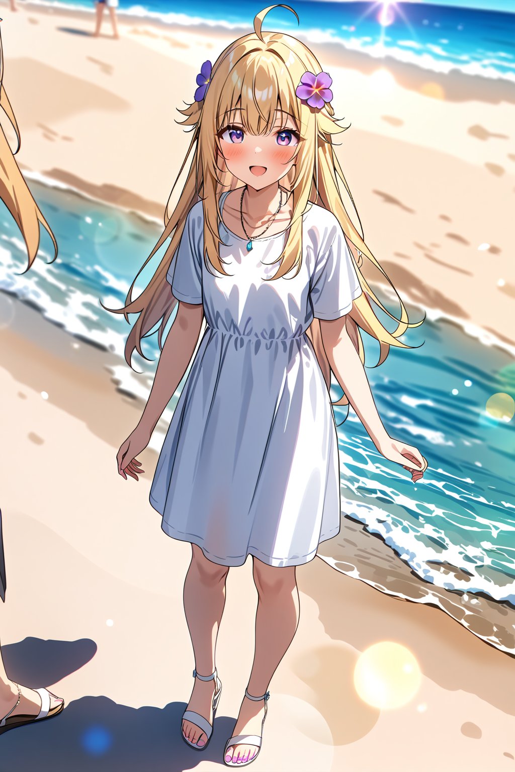 masterpiece, best quality,(1girl), solo,(depth of field),(solo focus),8K,HDR,(ultra high res),(highres),(full body),(lens flare),smiles,blush,ctiank0shi,ahoge (blonde hair),bangs,(long hair),(purple eyes),(hair ornament),(white dress),(short sleeves),(collarbone),(necklace),(white footwear),(sandals),(toenail polish),(standing),(outdoors),beach,ocean,sands,beach,morning,bokeh,