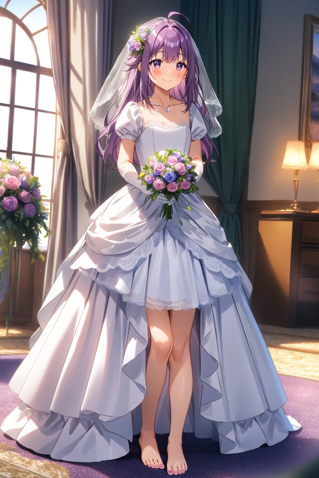 masterpiece, best quality,(1girl), solo,(depth of field),(solo focus),8K,HDR,(ultra high res),(highres),(full body),(lens flare),smiles,blush,(closed mouth), (KJOANKO),(ahoge),(bangs),(purple hair),(long hair),(purple eyes),(collarbone),(hair ornament),(wedding dress), (white dress),(puffy short sleeves),(frilled dress),(white shirt),(skirt), ((white gloves),(lace-trimmed gloves)),(elbow gloves), necklace,jewelry,(barefoot),(toenail polish), indoors,standing,room, window, curtains, carpet,veil,(holding bouquet),