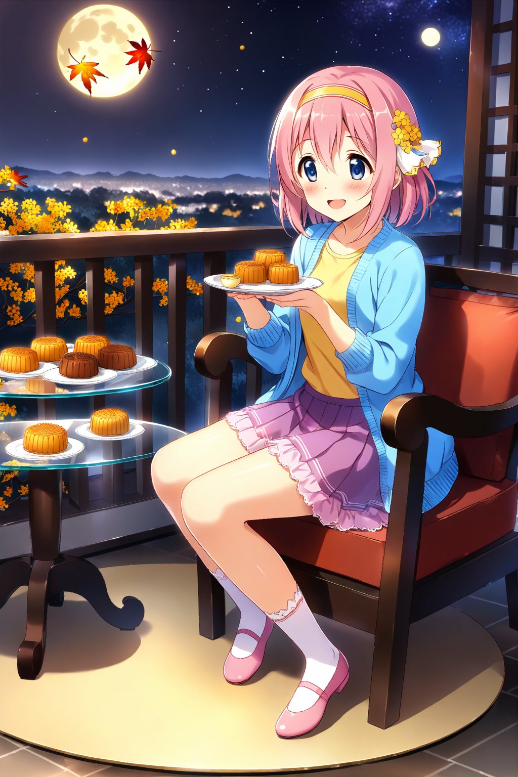 masterpiece, best quality,(1girl), solo,(depth of field),(solo focus),8K,HDR,(ultra high res),(highres),(full body),(full body),(lens flare),smiles,blush,(nice hands), (princess connect!),(yui \(princess connect!\)),bangs,(pink hair), (blue eyes), (medium hair), (hair between eyes),(yellow hairband),(hair ornament),(casual outfits),(blue cardigan),(open cardigan),(yellow shirt),(purple skirt),(long sleeves),(white socks),(pink footwear),(ballet flats),(alternate costume),(mid-autumn festival),(sky lantern),(sitting),(on chair),(armchair),(balcony),(((brown mooncake),food)on plate),(holding mooncake),(maple leaf),(teacup),(teapot),(sanbou),(tsukimi dango),((glass table),(round table)),(gold osmanthus),(yellow flower),(night sky),(star \(sky\)),(full moon),(culture),china,(tile floor), 