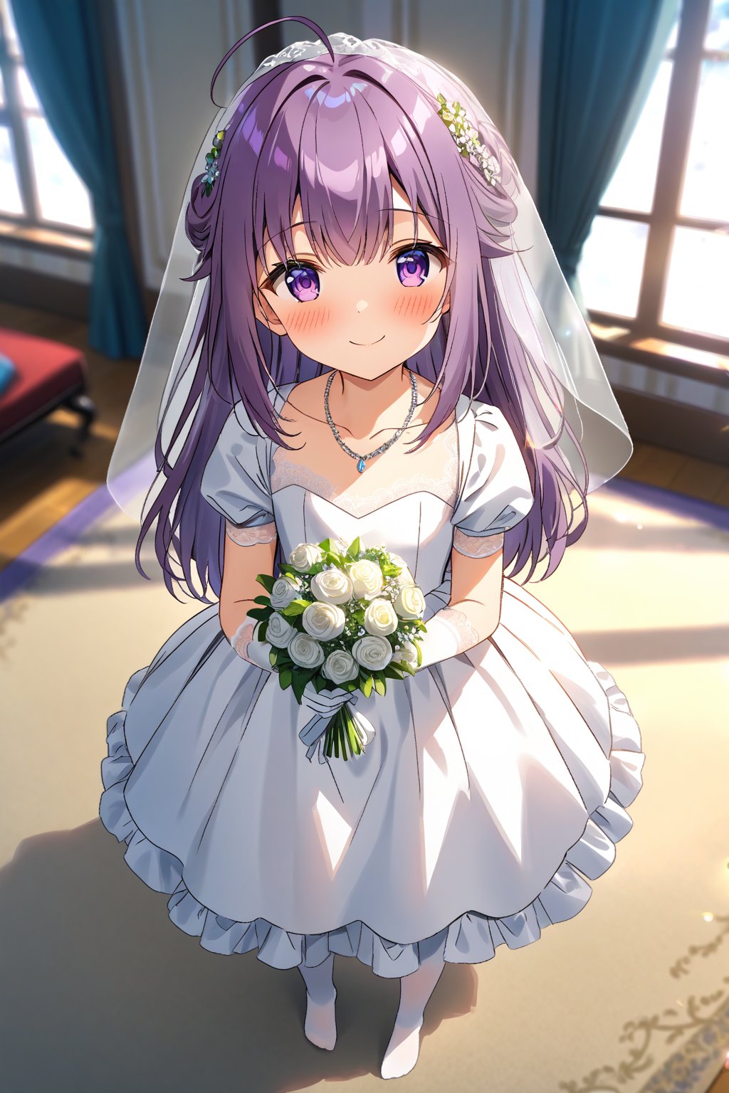 masterpiece, best quality,(1girl), solo,(depth of field),(solo focus),8K,HDR,(ultra high res),(highres),(full body),(lens flare),smiles,blush,(closed mouth), (KJOANKO),(ahoge),(bangs),(purple hair),(long hair),(purple eyes),(collarbone),(hair ornament),(wedding dress), (white dress),(puffy short sleeves),(frilled dress),(white shirt),(skirt), ((white gloves),(lace-trimmed gloves)),(elbow gloves), necklace,jewelry,(white legwear),(no shoes), indoors,standing,room, window, curtains, carpet,veil,(holding bouquet),