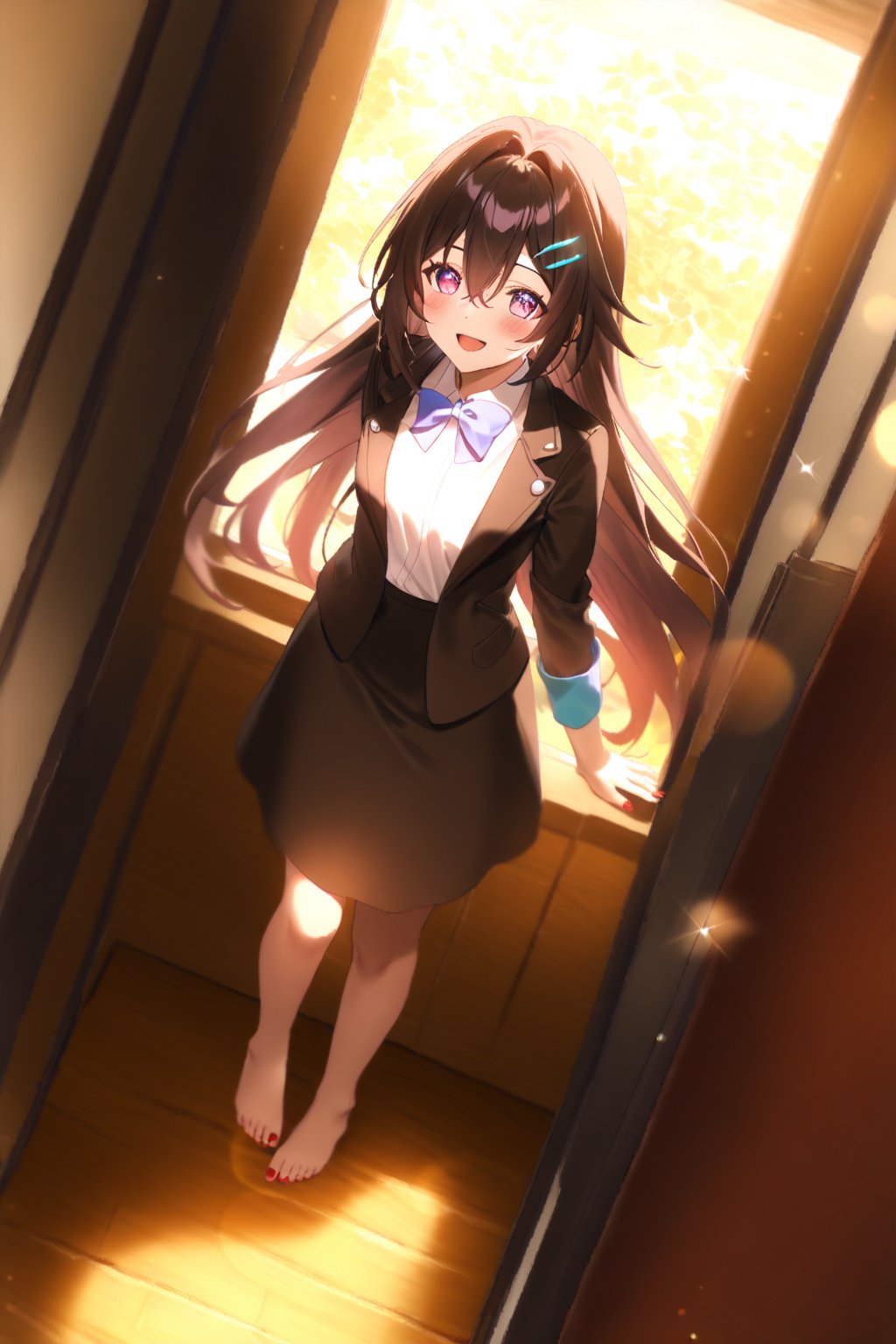 score_9, score_8_up, score_7_up, source_anime, masterpiece, best quality,(1girl), solo,(depth of field),(solo focus),8K,HDR,(ultra high res),(highres),(full body),(lens flare),smiles,blush,(sparkle \(honkai: star rail\)),(wristband),(black hair),(pink eyes),(very long hair),(hair between eyes),(hair ornament),(hairclip),glasses,(black jacket),(open jacket),(white shirt),(collared shirt),(blue bowtie),(black skirt),(pleated skirt),(barefoot),(toenail polish),(red nails),(unworn white socks),(no shoes),(unworn loafer),(indoors),(living room),(curtain),(carpet),(windows),(shelf),(tile floor), 