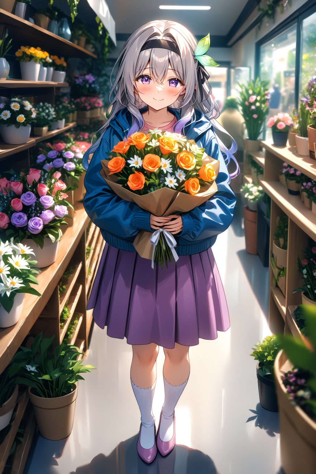 masterpiece, best quality,(1girl), solo,(depth of field),(solo focus),8K,HDR,(ultra high res),(highres),(full body),(lens flare),smiles,blush,(closed mouth),Firefly,(parted bangs),(purple eyes),(grey hair),(gradient hair),(hair intakes),(long hair),(black hairband),(leaf hair ornament),(black ribbon),(hair between eyes),(blue jacket),(pink shirt),(purple skirt),(white socks),(pink footwear),(flats),(standing),(indoors),curtains,(flower shop),(shop),(holding bouquet),florist,(loaded interior),(potted plant),(flower),vase,wreath,