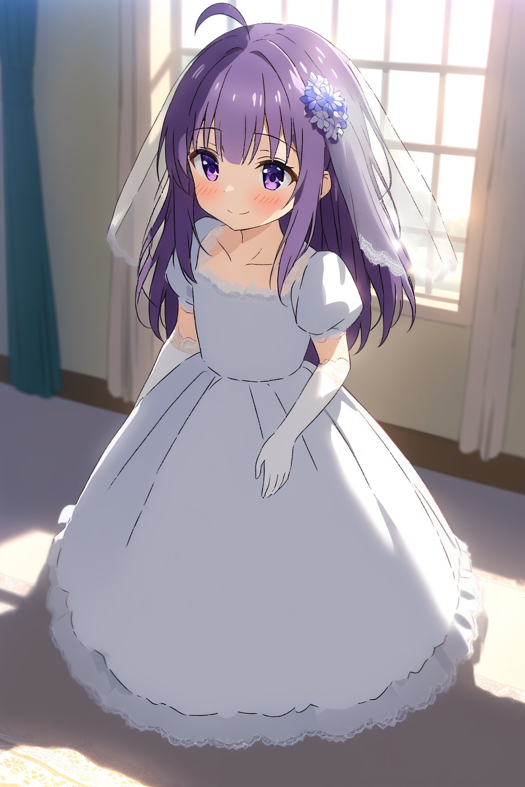 masterpiece, best quality,(1girl), solo,(depth of field),(solo focus),8K,HDR,(ultra high res),(highres),(full body),(lens flare),smiles,blush,(closed mouth), (KJOANKO),(ahoge),(bangs),(purple hair),(long hair),(purple eyes),(collarbone),(hair ornament),(wedding dress), (white dress),(puffy short sleeves),(frilled dress),(white shirt),(skirt), ((white gloves),(lace-trimmed gloves)),(elbow gloves), necklace,jewelry,(white legwear),(no shoes), indoors,standing,room, window, curtains, carpet,veil,(holding bouquet),