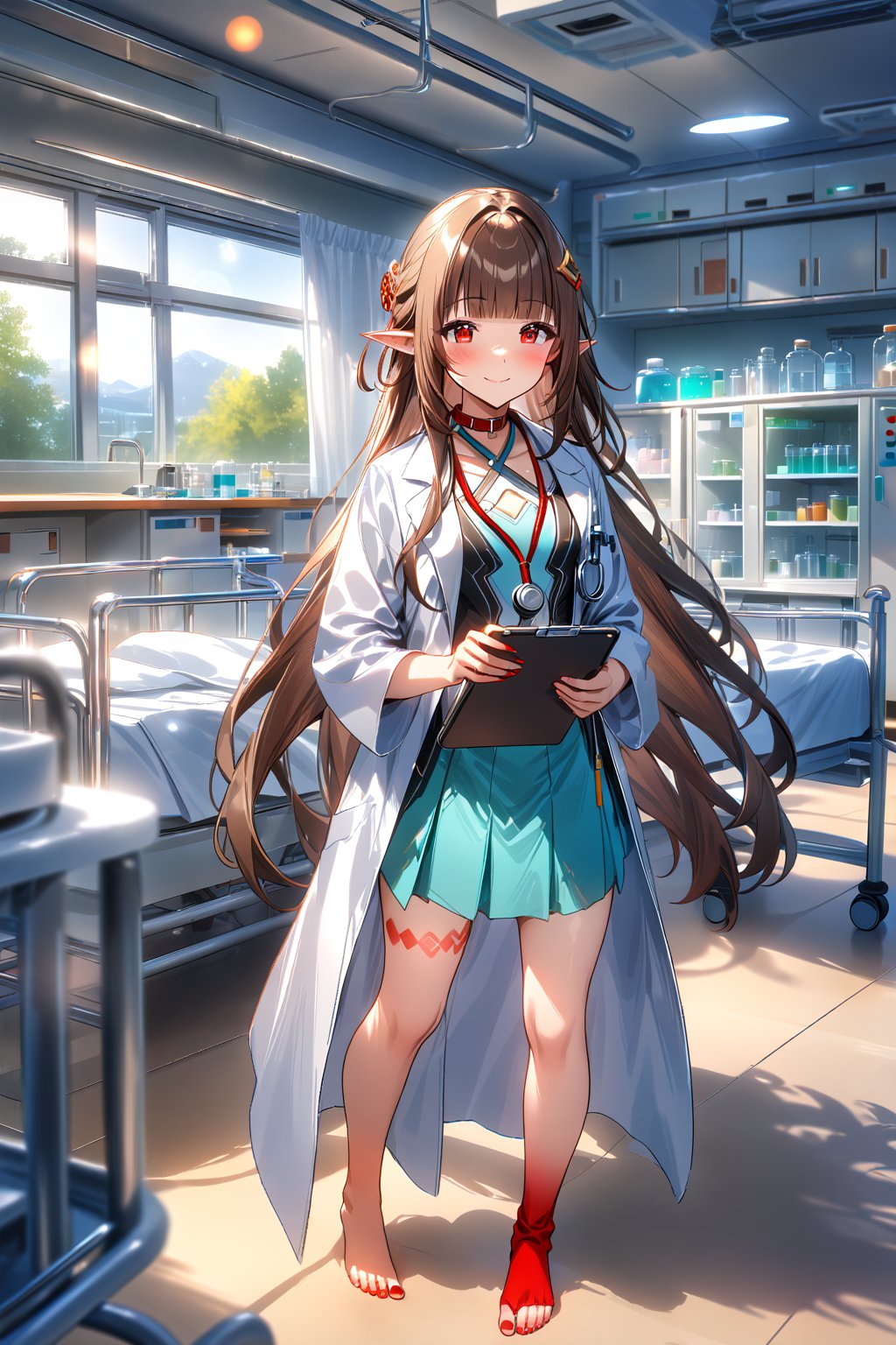 masterpiece, best quality,(1girl), solo,(depth of field),(solo focus),8K,HDR,(ultra high res),(highres),(full body),(lens flare),smiles,blush,(closed mouth), (lingsha),(blunt bangs),(brown hair),(very long hair),(red eyes),(pointy ears ),sidelocks,(hair ornament),(jewelry),(halterneck),(white coat),(lab coat),(blue shirt),(collar shirt),(aqua skirt),(red socks),(barefoot),(toenail polish),(red nail),(leg tattoo),scenery,(indoors),(doctor),(bed sheet),cabinet,(blanket),curtains,(standing),(hospital bed),infirmary,lights, stool, day,laboratory,(holding clipboard),(stethoscope),