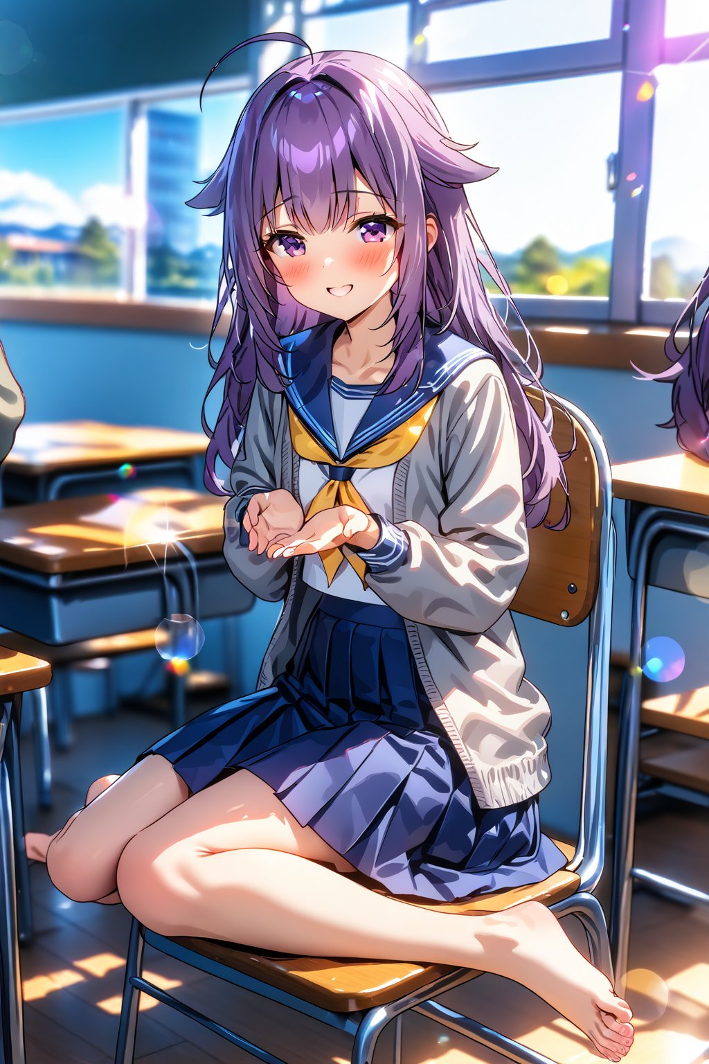 masterpiece, best quality,(1girl), solo,(depth of field),(solo focus),8K,HDR,(ultra high res),(highres),(full body),(full body),(lens flare),smiles,blush,(nice hands),(KJOANKO),(ahoge),(bangs),(purple hair),(long hair),(purple eyes),(hair flaps),(blue sailor collar),(open cardigan),(grey sweater),(yellow neckerchief),(long sleeves),(serafuku),(blue skirt),(barefoot),(toenail polish),(no shoes),(classroom),(sitting on chair),(table),