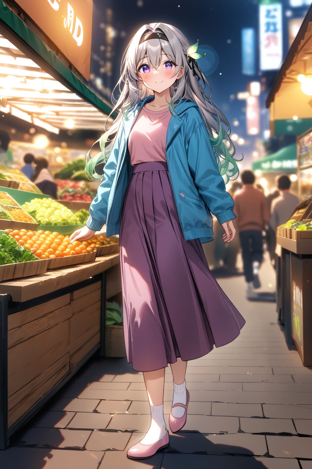 masterpiece, best quality,(1girl), solo,(depth of field),(solo focus),8K,HDR,(ultra high res),(highres),(Exquisite visuals),(narrow waist),(full body),(lens flare),smiles,blush,(nice hands), (perfect hands),((absurdres)),Firefly,(parted bangs),(purple eyes),(grey hair),(gradient hair),(hair intakes),(long hair),(black hairband),(leaf hair ornament),(black ribbon),(hair between eyes),(blue jacket),(pink shirt),(purple skirt),(white socks),(pink footwear),(flats),(digital watch),(outdoors),(cityspace),(market stall),(human road),street,night,