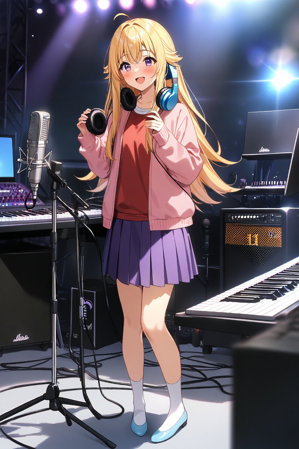 masterpiece, best quality,(1girl), solo,(depth of field),(solo focus),8K,HDR,(ultra high res),(highres),(full body),(lens flare),smiles,blush,ctiank0shi,ahoge (blonde hair),bangs,(long hair),(purple eyes),(pink cardigan),(open cardigan),(red shirt),(long sleeves),(purple skirt),(white socks),(blue footwear),(flats),(indoors),(amplifier),(cable),(computer keyboard),(pop filter),(contemporary),(music stand),(holding headphones),(instrument),(music),(microphone stand),(singing),(speaker),(stage lights),(studio),(studio microphone )