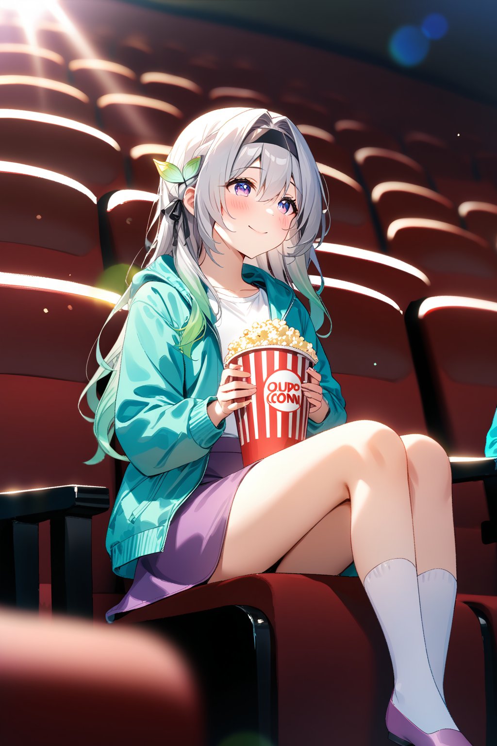 masterpiece, best quality,(1girl), solo,(depth of field),(solo focus),8K,HDR,(ultra high res),(highres),(full body),(lens flare),smiles,blush,(closed mouth),Firefly,(parted bangs),(purple eyes),(grey hair),(gradient hair),(hair intakes),(long hair),(black hairband),(leaf hair ornament),(black ribbon),(hair between eyes),(aqua jacket),(white shirt),(purple skirt),(white socks),(pink footwear),(flats),(sitting),indoors,cinema,(holding food),(popcorn),(disposable cup),(movie theater),(out of frame),(theater seating),