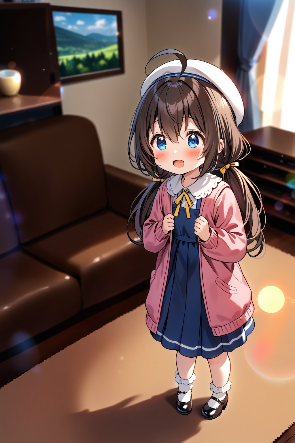 masterpiece, best quality,(1girl), solo,(depth of field),(solo focus),8K,HDR,(ultra high res),(highres),(full body),(lens flare),smiles,blush,hinatsuruai-default),(hinatsuru ai),ahoge,bangs,(blue eyes),(brown hair),(very long hair),(hair between eyes),(low twintails),sidelocks,(white headwear),(beret),((pink jacket),(open jacket)),(blue (pinafore dress)),(puffy sleeves),((neck ribbon),(yellow ribbon)),(long sleeves),((white socks),(bobby socks)),(blue footwear),(mary janes),standing,indoors,(living room),(curtain),carpet,couch,shelf,