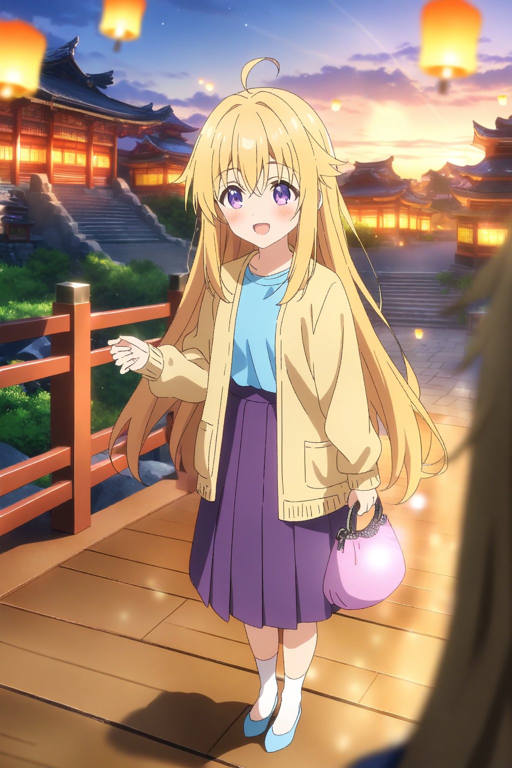 source_anime,masterpiece, best quality,(1girl), solo,(depth of field),(solo focus),8K,HDR,(ultra high res),(highres),(full body),(perfect lighting),(lens flare),smiles,blush,ctiank0shi,ahoge (blonde hair),bangs,(long hair),(purple eyes),(yellow cardigan),(open cardigan),(blue shirt),(long sleeves),(purple skirt),(white socks),(blue footwear),(flats),(holding hand bag),scenery, outdoors,(east asian architecture),(standing),(sky lantern),temple,(wooden floor),landscape,bell,stairs, railing,statue,