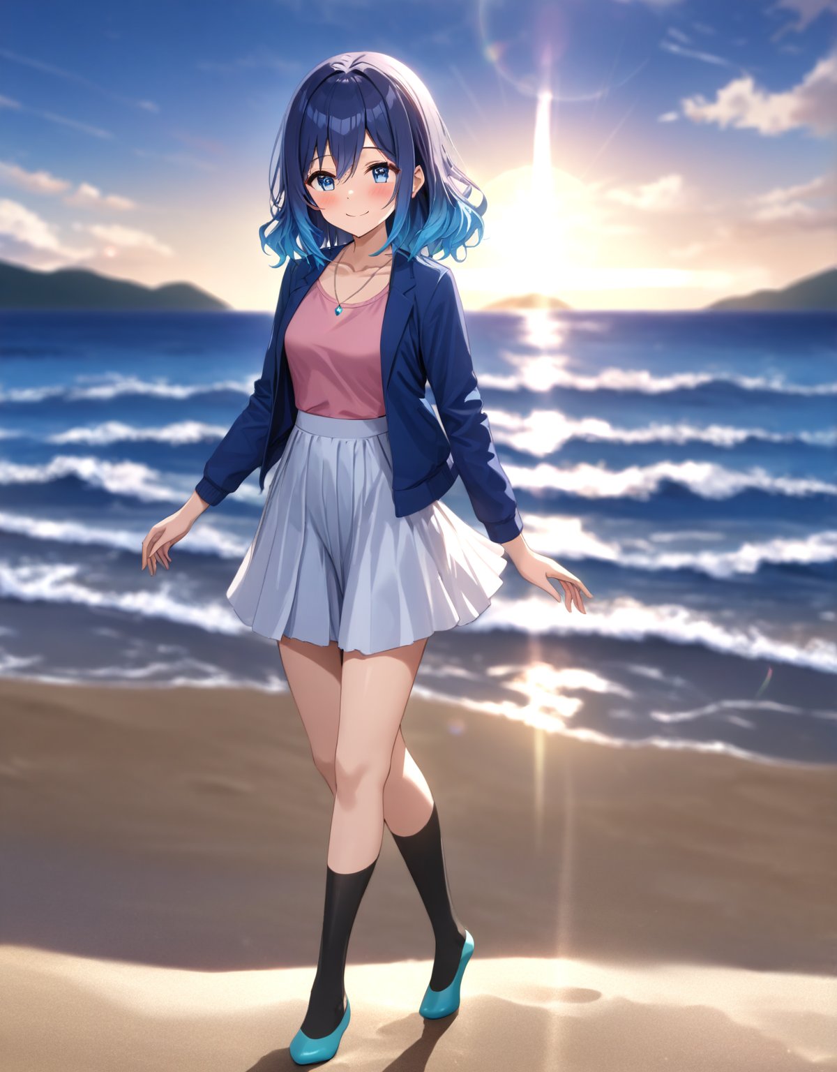 masterpiece, best quality,(beautiful detailed eyes),(1 girl), solo,(depth of field),(solo focus),8K,HDR,(ultra high res),(Exquisite visuals),(perfect lighting),(narrow waist),(full body),(lens flare),(smiles),blush,(nice hands),(perfect hands),(arm support),((absurdres)),(akane), (blue eyes),(blue hair, gradient hair),(medium hair),(collarbone),(necklace),(blue jacket),(open jacket),(pink shirt),(white skirt),(black socks),(aqua footwear),(ballet flats),walking,outdoors, water,(beach),cloud,ocean,mountain,closed_mouth,(more detail XL)