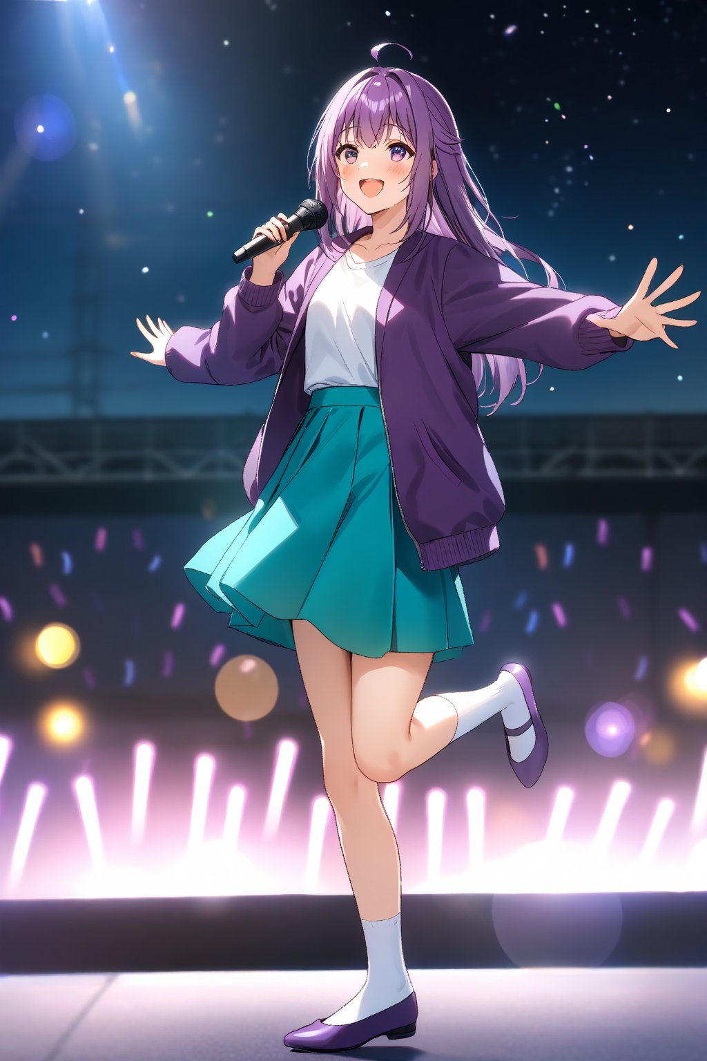 masterpiece, best quality,(1girl), solo,(depth of field),(solo focus),8K,HDR,(ultra high res),(highres),(full body),(lens flare),smiles,blush,(KJOANKO),(ahoge),(bangs),(purple hair),(long hair),(purple eyes),(purple jacket),(open jacket),(white shirt),(collarbone),(aqua skirt),(white socks),(purple footwear),(flats),(outdoors),(holding microphone),music, singing,(stage),(stage lights),(star (sky)),sparkle,(scaffolding),(standing),audience,glowstick,(outstretched arm),(feet out of frame),(leg up)