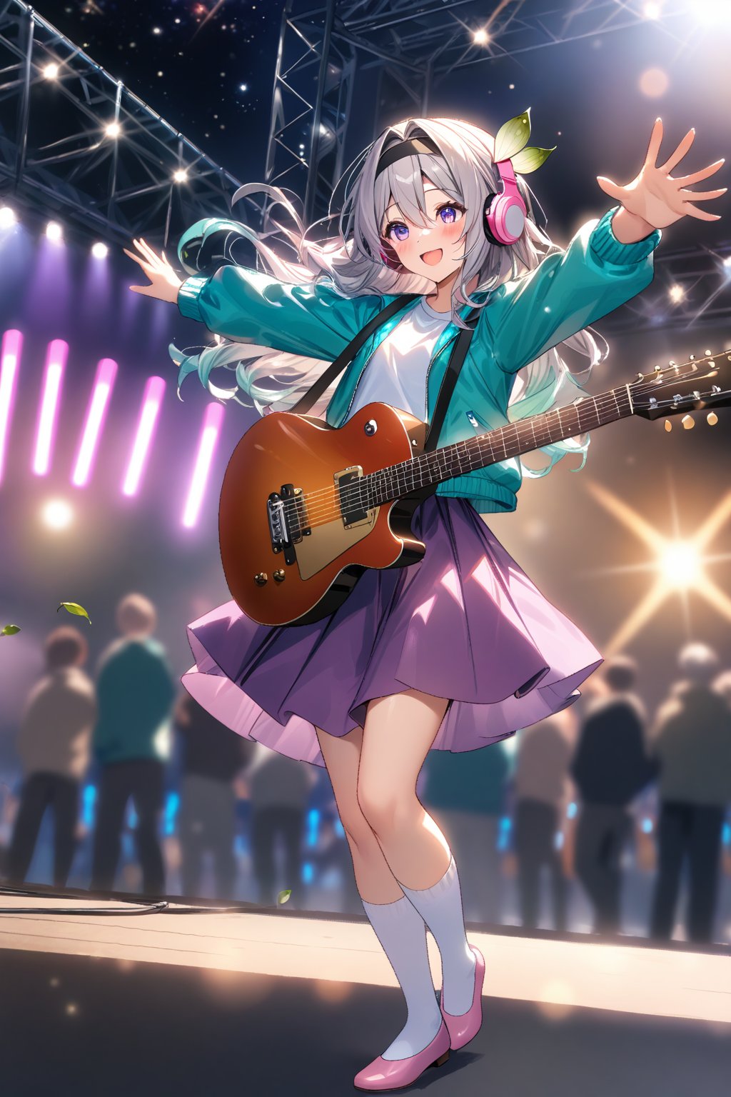 masterpiece, best quality,(1girl), solo,(depth of field),(solo focus),8K,HDR,(ultra high res),(highres),(full body),(lens flare),smiles,blush,Firefly,(parted bangs),(purple eyes),(grey hair),(gradient hair),(hair intakes),(long hair),(black hairband),(leaf hair ornament),(black ribbon),(hair between eyes),(aqua jacket),(white shirt),(purple skirt),(white socks),(pink footwear),(flats),(pink headphones),(outdoors),(holding guitar),(electric guitar),music, singing,(stage),(stage lights),(star (sky)),sparkle,(scaffolding),(standing),audience,glowstick,(outstretched arm),(feet out of frame),(leg up)