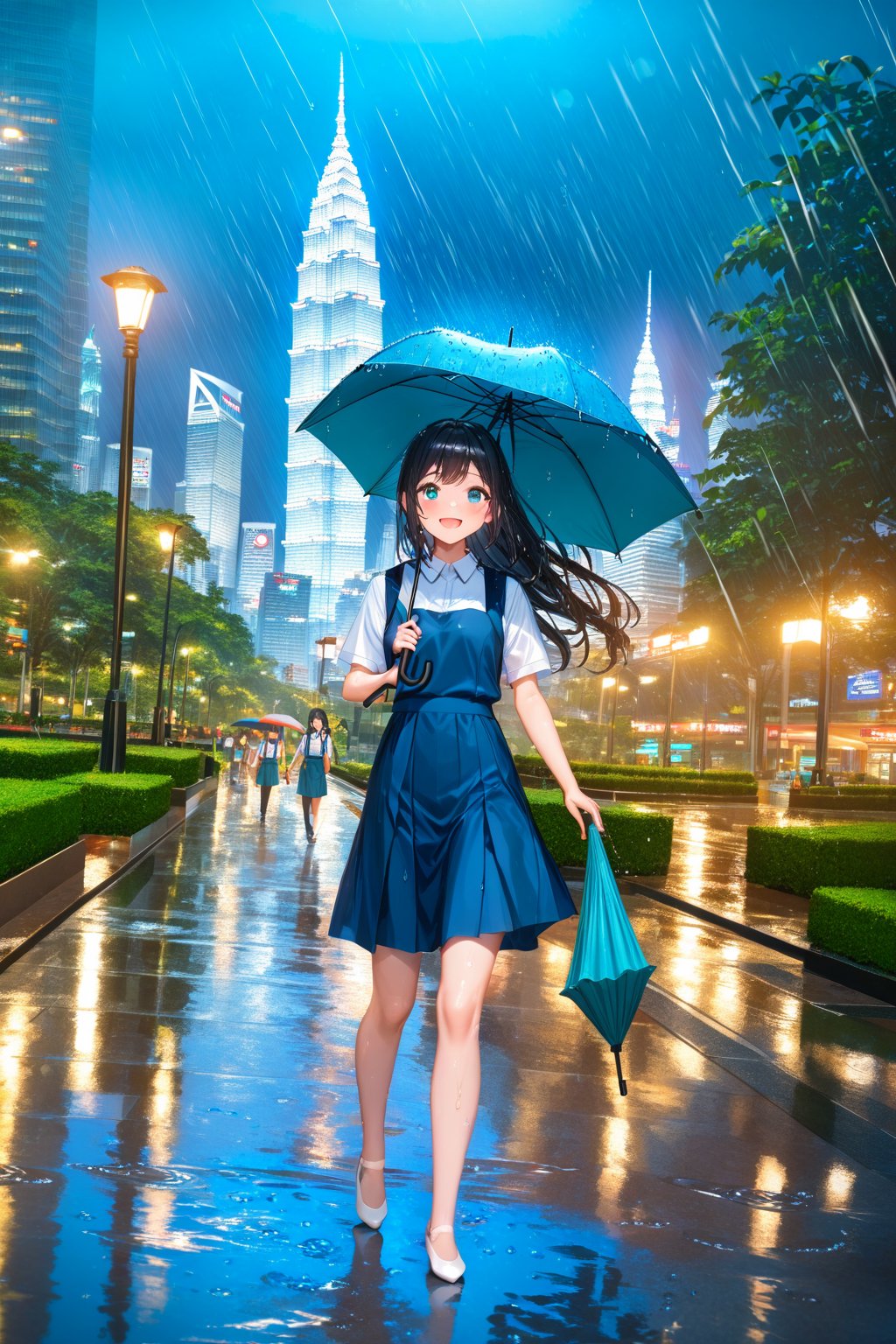 masterpiece, best quality,(1girl), solo,(depth of field),(solo focus),8K,HDR,(ultra high res),(highres),(full body),(perfect lighting),(lens flare),smiles,blush,(black hair), (long hair),(aqua eyes),(floating hair), sidelocks,(malaysian secondary school uniform),(schoollogo),(school's logo on right side (pinafore dress)),(aqua blue skirt),(blue pinafore),(collared shirt),(white shirt),(short sleeves),(no socks),(white footwear),(ballet flats),(walking),(outdoors),(flood),(water),(rainstorm),(rain),(water drop),(cityspace),(holding umbrella),(wet),(lamppost),urban,(wet floor),(petronas twins tower),(Kuala Lumper Tower),Malaysia,