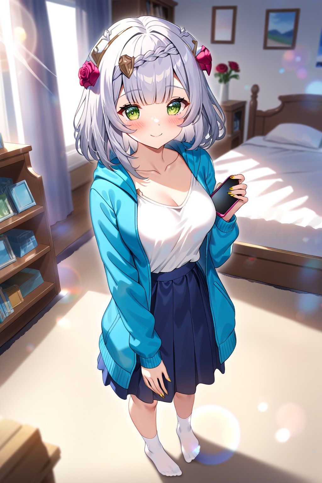 masterpiece, best quality,(1girl), solo,(depth of field),(solo focus),8K,HDR,(ultra high res),(highres),(full body),(lens flare),smiles,blush,(closed mouth),(noelle \(genshin impact\)),(green eyes),(blunt bangs),(grey hair),(braided bangs),(crown braid),(medium breasts),(medium hair),(red roses hair ornament),(gold nails),(alternate costume),(aqua blue jacket), (open jacket),(long sleeves),(white shirt),(blue skirt),(collarbone),(white socks),(no shoes),(standing),(indoors),(messy room),(shelf),(curtains),(carpet),(bed),(window),(holding phone),