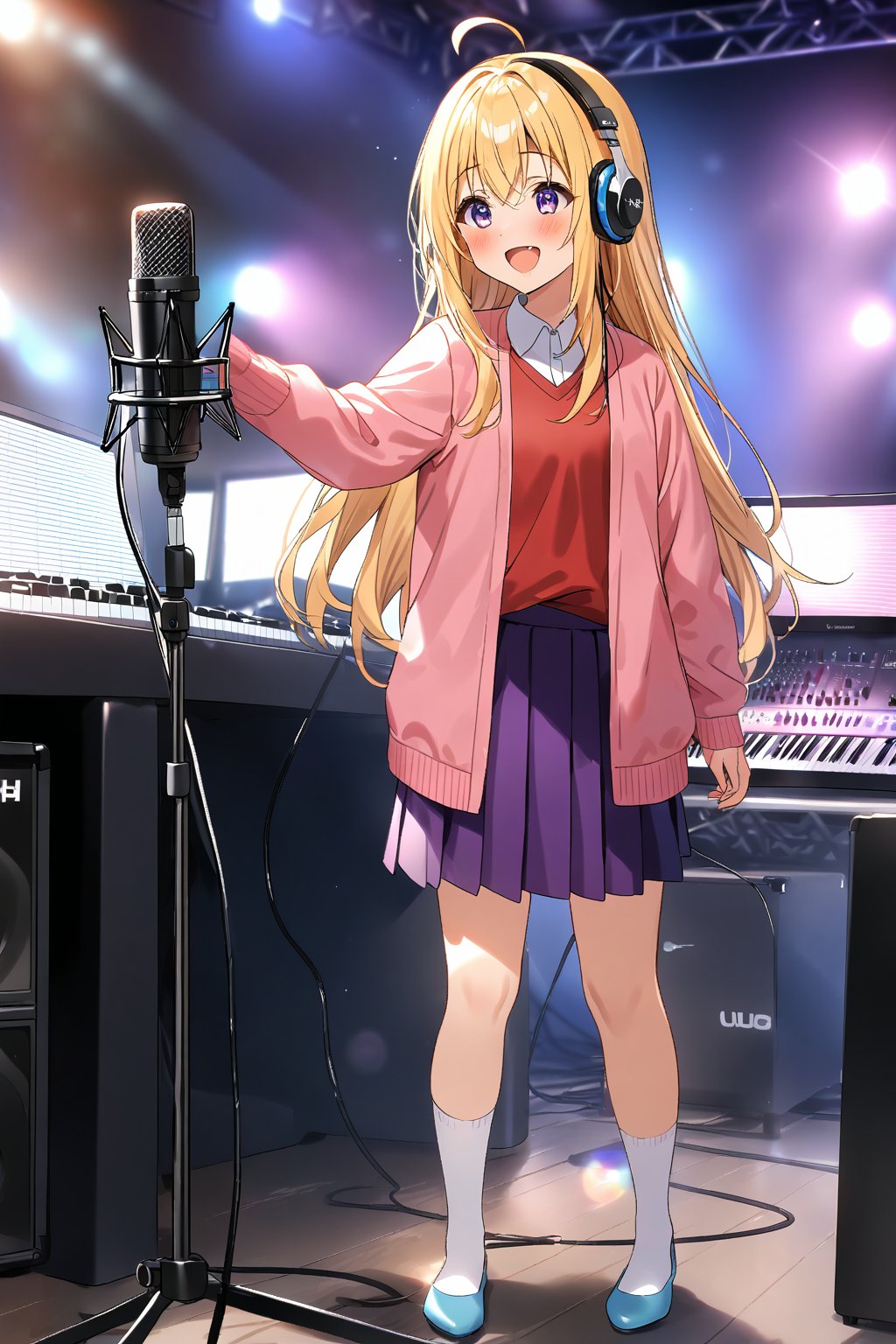 masterpiece, best quality,(1girl), solo,(depth of field),(solo focus),8K,HDR,(ultra high res),(highres),(full body),(lens flare),smiles,blush,ctiank0shi,ahoge (blonde hair),bangs,(long hair),(purple eyes),(pink cardigan),(open cardigan),(red shirt),(long sleeves),(purple skirt),(white socks),(blue footwear),(flats),(indoors),(amplifier),(cable),(computer keyboard),(pop filter),(contemporary),(music stand),(headphones),(instrument),(music),(microphone stand),(singing),(speaker),(stage lights),(studio),(studio microphone )