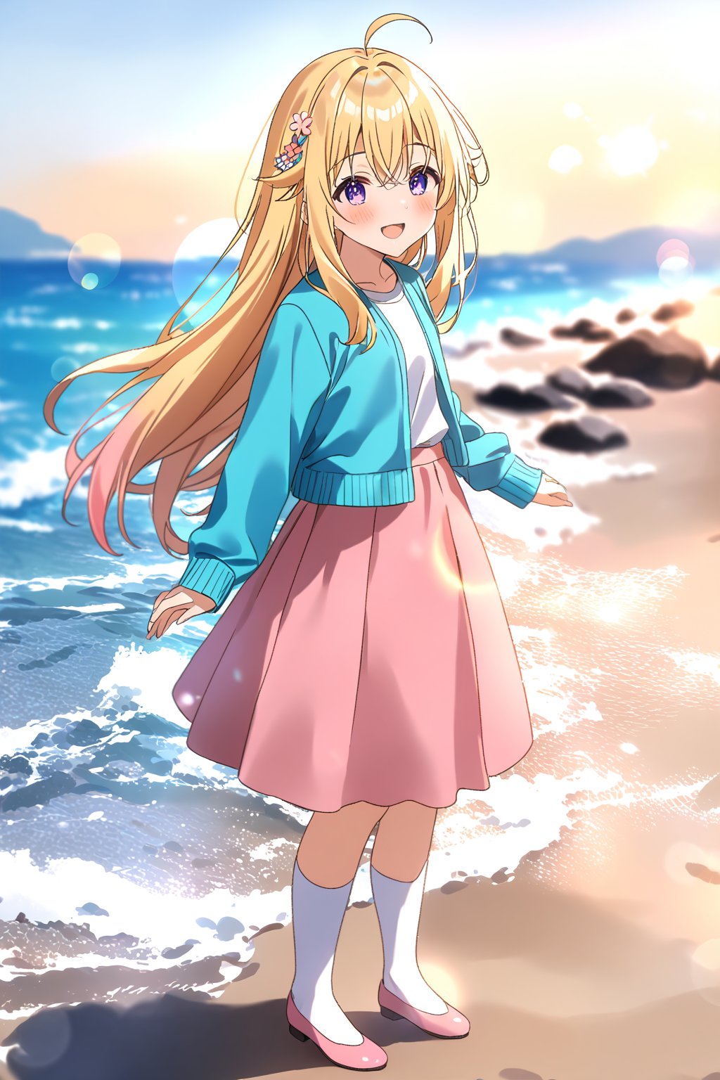 masterpiece, best quality,(1girl), solo,(depth of field),(solo focus),8K,HDR,(ultra high res),(highres),(full body),(lens flare),smiles,blush,ctiank0shi,ahoge (blonde hair),bangs,(long hair),(purple eyes),(hair ornament),(aqua blue cardigan), (open cardigan),(long sleeves),(white shirt),(pink skirt),(casual dress),(white socks),(pink footwear),(ballet flats),(standing),(outdoors),beach,ocean,sands,beach,morning,bokeh