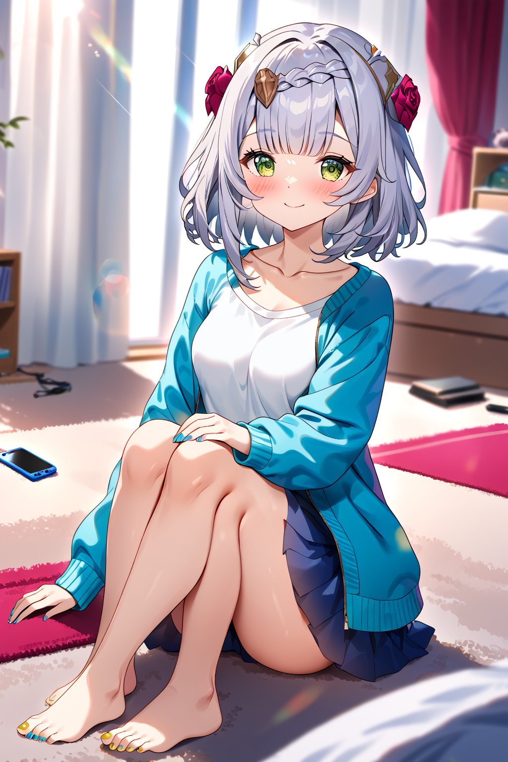 masterpiece, best quality,(1girl), solo,(depth of field),(solo focus),8K,HDR,(ultra high res),(highres),(full body),(lens flare),smiles,blush,(closed mouth),(noelle \(genshin impact\)),(green eyes),(blunt bangs),(grey hair),(braided bangs),(crown braid),(medium breasts),(medium hair),(red roses hair ornament),(gold nails),(alternate costume),(aqua blue jacket), (open jacket),(long sleeves),(white shirt),(blue skirt),(collarbone),(barefoot),(toenail polish),(silver nails),(no shoes),(folded legs),(sitting),(indoors),(messy room),(shelf),(curtains),(carpet),(bed),(window),(holding phone),