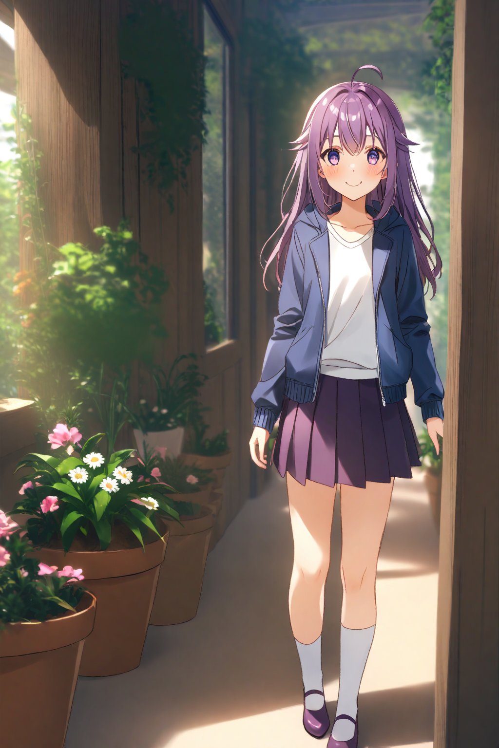 masterpiece, best quality,(1girl), solo,(depth of field),(solo focus),8K,HDR,(ultra high res),(highres),(full body),(lens flare),smiles,blush,(closed mouth),(KJOANKO),(ahoge),(bangs),(purple hair),(long hair),(purple eyes),(blue jacket),(open jacket),(white shirt),(collarbone),(purple skirt),(white socks),(pink footwear),(flats),(standing),(indoors),curtains,(flower shop),(holding bouquet),florist,(loaded interior),(potted plant),(flower),vase,wreath,