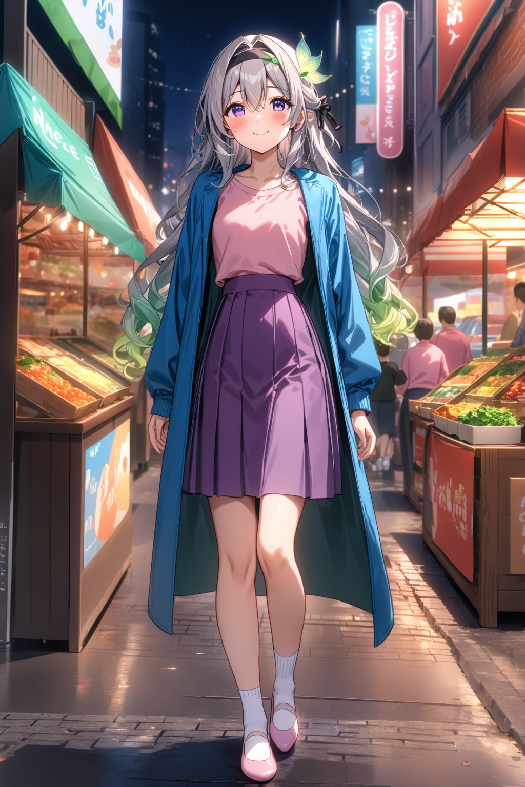 masterpiece, best quality,(1girl), solo,(depth of field),(solo focus),8K,HDR,(ultra high res),(highres),(Exquisite visuals),(narrow waist),(full body),(lens flare),smiles,blush,(nice hands), (perfect hands),((absurdres)),Firefly,(parted bangs),(purple eyes),(grey hair),(gradient hair),(hair intakes),(long hair),(black hairband),(leaf hair ornament),(black ribbon),(hair between eyes),(blue jacket),(pink shirt),(purple skirt),(white socks),(pink footwear),(flats),(digital watch),(outdoors),(cityspace),(market stall),(human road),street,night,