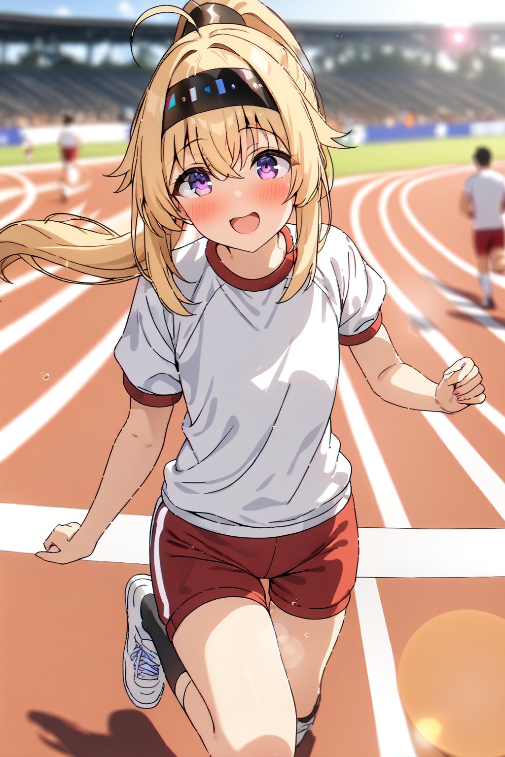 masterpiece, best quality,(1girl), solo,(depth of field),(solo focus),8K,HDR,(ultra high res),(highres),(full body),(lens flare),smiles,blush,ctiank0shi,ahoge (blonde hair),bangs,(long hair),(ponytail),(purple eyes),(headband),(white shirt),(red shorts),(gym uniform),(short sleeves),(black socks),(white footwear),(sneakers),(outdoors),(running track),(sports festival),(running),(finish line)