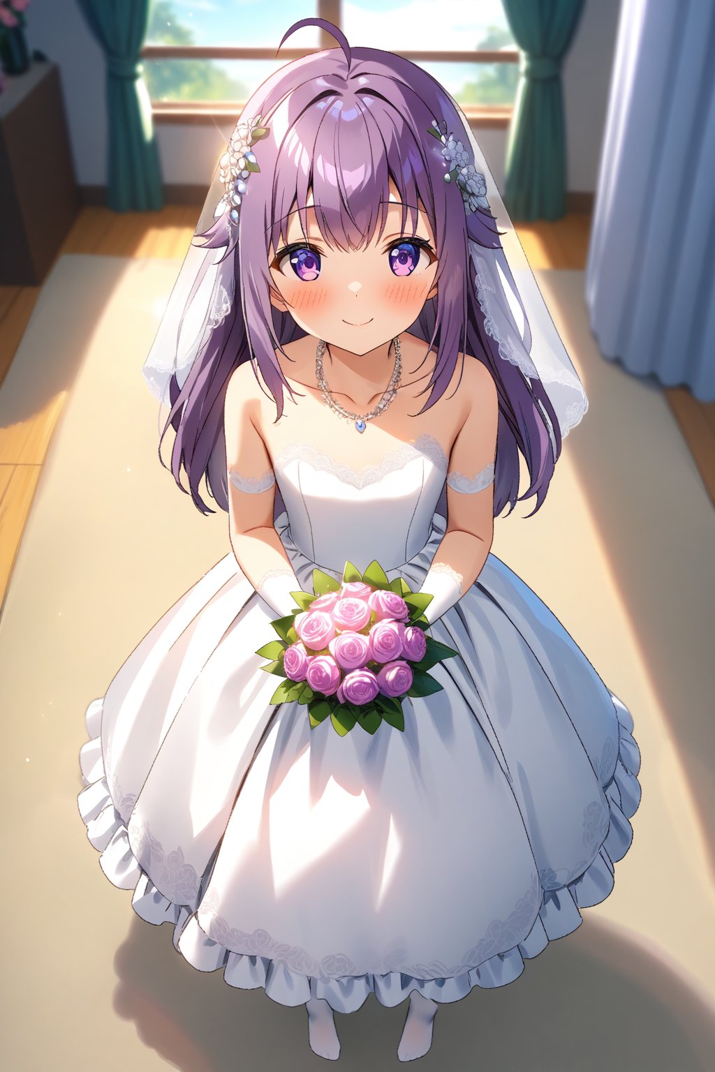 masterpiece, best quality,(1girl), solo,(depth of field),(solo focus),8K,HDR,(ultra high res),(highres),(full body),(lens flare),smiles,blush,(closed mouth), (KJOANKO),(ahoge),(bangs),(purple hair),(long hair),(purple eyes),(collarbone),(hair ornament),(wedding dress), (white dress),(puffy short sleeves),(frilled dress),(white shirt),(skirt), ((white gloves),(lace-trimmed gloves)),(elbow gloves), necklace,jewelry,(white legwear),(no shoes), indoors,standing,room, window, curtains, carpet,veil,(holding bouquet),