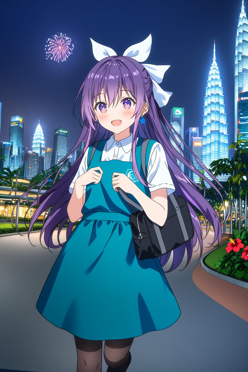 score_9, score_8_up, score_7_up, source_anime,masterpiece, best quality,(1girl), solo,(depth of field),(solo focus),8K,HDR,(ultra high res),(highres),(full body),(lens flare),smiles,blush,(tooka yatogami),(hair between eyes),(white bows),(hair bows),(hair ribbon), earrings, (purple eyes), (purple hair),(floating hair),(very long hair),bangs, sidelocks,(malaysian secondary school uniform),(schoollogo),(school's logo on right side (pinafore dress)),(aqua blue skirt),(aqua pinafore),(collared shirt),(white shirt),(short sleeves),(black socks),(black footwear),(ballet flats),(holding school bag),(outdoors),(cityspace),(lamppost),(building),urban,(petronas twin tower),(Longhouse),(national airport tower),KLCC,(Kuala Lumpur countryside),(Kuala Lumper Tower),Malaysia,(blue sky),landmarks,night,firework,(Hibiscus rosa-sinensis),flower,sidewalk,