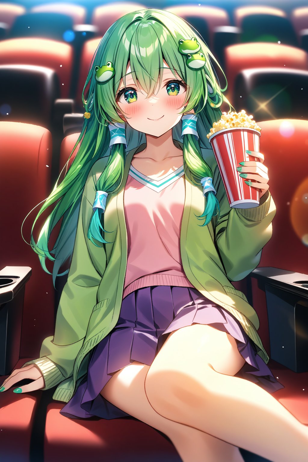 masterpiece, best quality,(1girl), solo,(depth of field),(solo focus),8K,HDR,(ultra high res),(highres),(full body),(lens flare),smiles,blush,(closed mouth),(kochiya sanae), bangs, (long hair),(green hair),(green eyes),(hair between eyes),(frog hair ornament),(snake hair ornament),(hair tubes),(aqua cardigan),(open cardigan),(pink shirt),(purple skirt),(barefoot),(toenail polish),(green nails),(sitting),indoors, cinema,(holding food),(popcorn),(disposable cup),(drink),(movie theater),(theater seating),