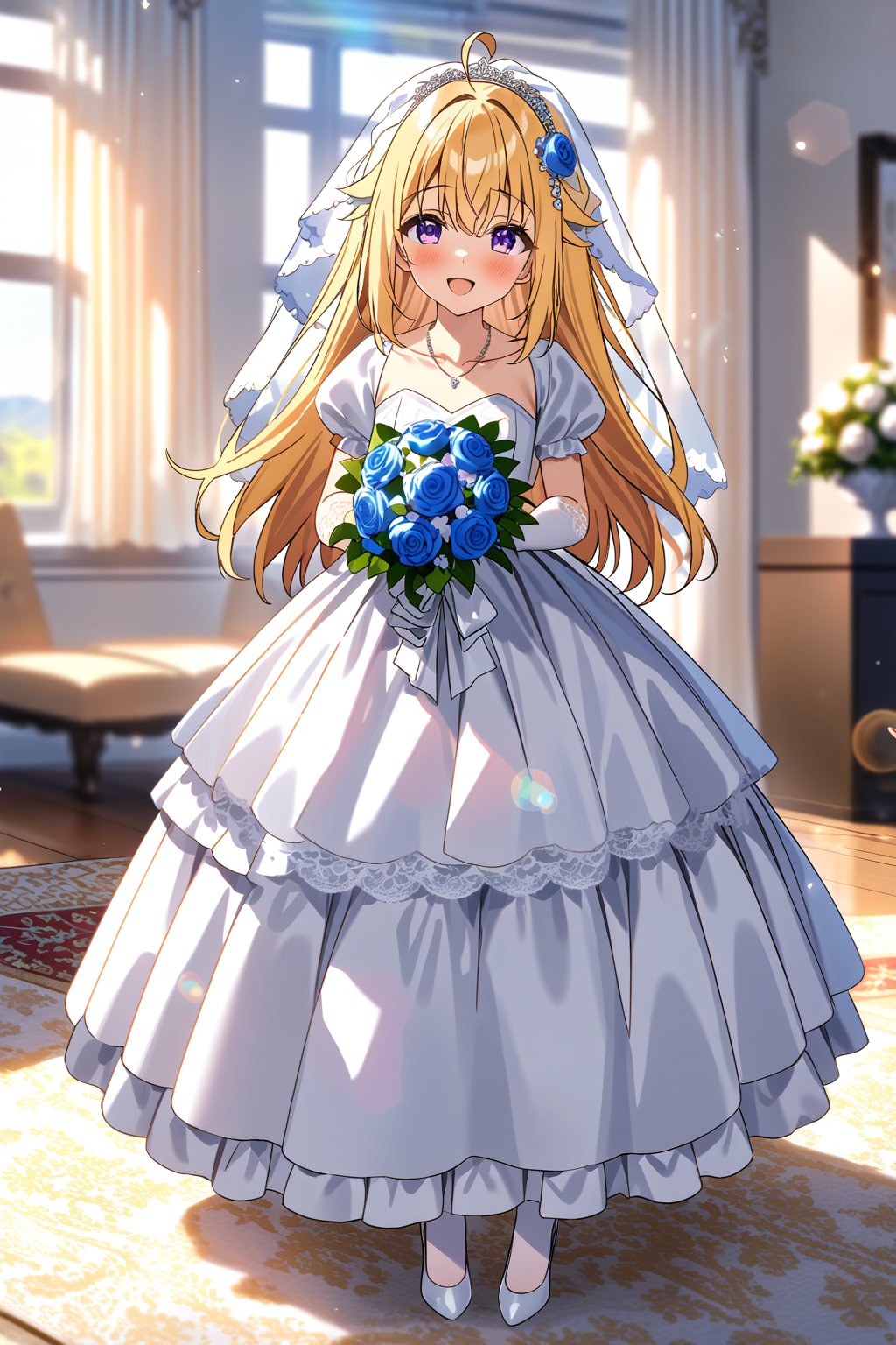 masterpiece, best quality,(1girl), solo,(depth of field),(solo focus),8K,HDR,(ultra high res),(highres),(full body),(lens flare),smiles,blush,ctiank0shi,ahoge (blonde hair),bangs,(long hair),(purple eyes),(collarbone),(hair ornament),(wedding dress), (white dress),(puffy short sleeves),(frilled dress),(white shirt),(skirt), ((white gloves),(lace-trimmed gloves)),(elbow gloves), necklace,jewelry,(white legwear),(white footwear),(high heels), indoors,standing,room, window, curtains, carpet,veil,(holding bouquet),
