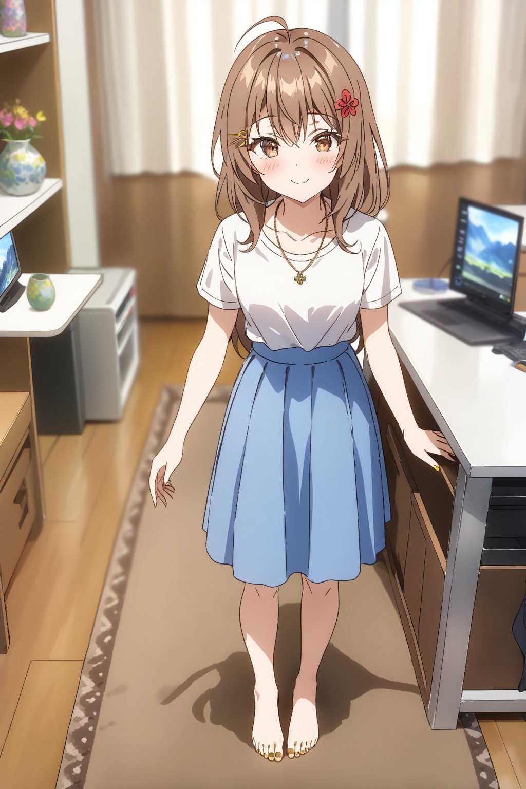 score_9, score_8_up, score_7_up, source_anime, masterpiece, best quality,(1girl), solo,(depth of field),(solo focus),8K,HDR,(ultra high res),(highres),(full body),(lens flare),smiles,blush,(closed mouth),(maria mikhailovna kujou),(ahoge),(brown hair),(long hair),(brown eyes),(hair between eyes),(hair ornament),(hair flower),(hairclip),(casual),(white shirt),(blue skirt),(short sleeves),necklace,jewelry,(barefoot),(toenail polish),(gold nails),(no shoes),(indoors),(standing),(room),carpet,curtain,shelf,(computer),(table),(chair),(vase)