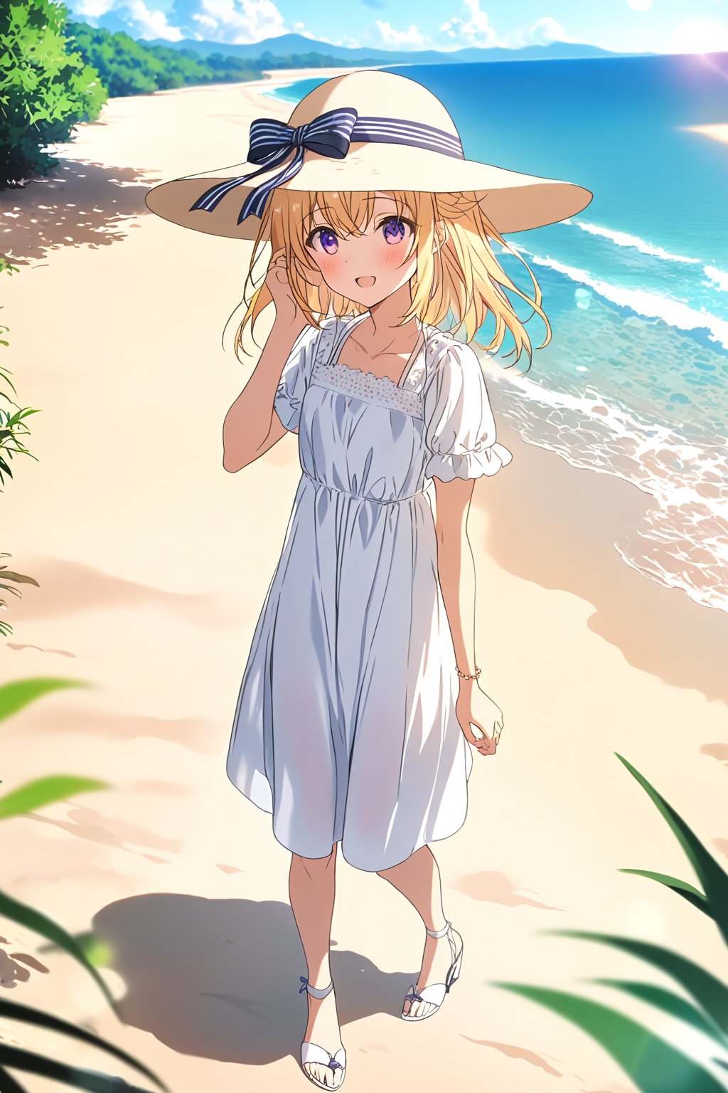 masterpiece, best quality,(1girl), solo,(depth of field),(solo focus),8K,HDR,(ultra high res),(highres),(full body),(lens flare),smiles,blush,ctiank0shi,ahoge (blonde hair),bangs,(long hair),(purple eyes),(hair ornament),(white headwear),(hat bow),(sun hat),(white dress),(short sleeves),(collarbone),(necklace),(white footwear),(sandals),(toenail polish),(standing),(outdoors),beach,ocean,sands,beach,morning,bokeh,