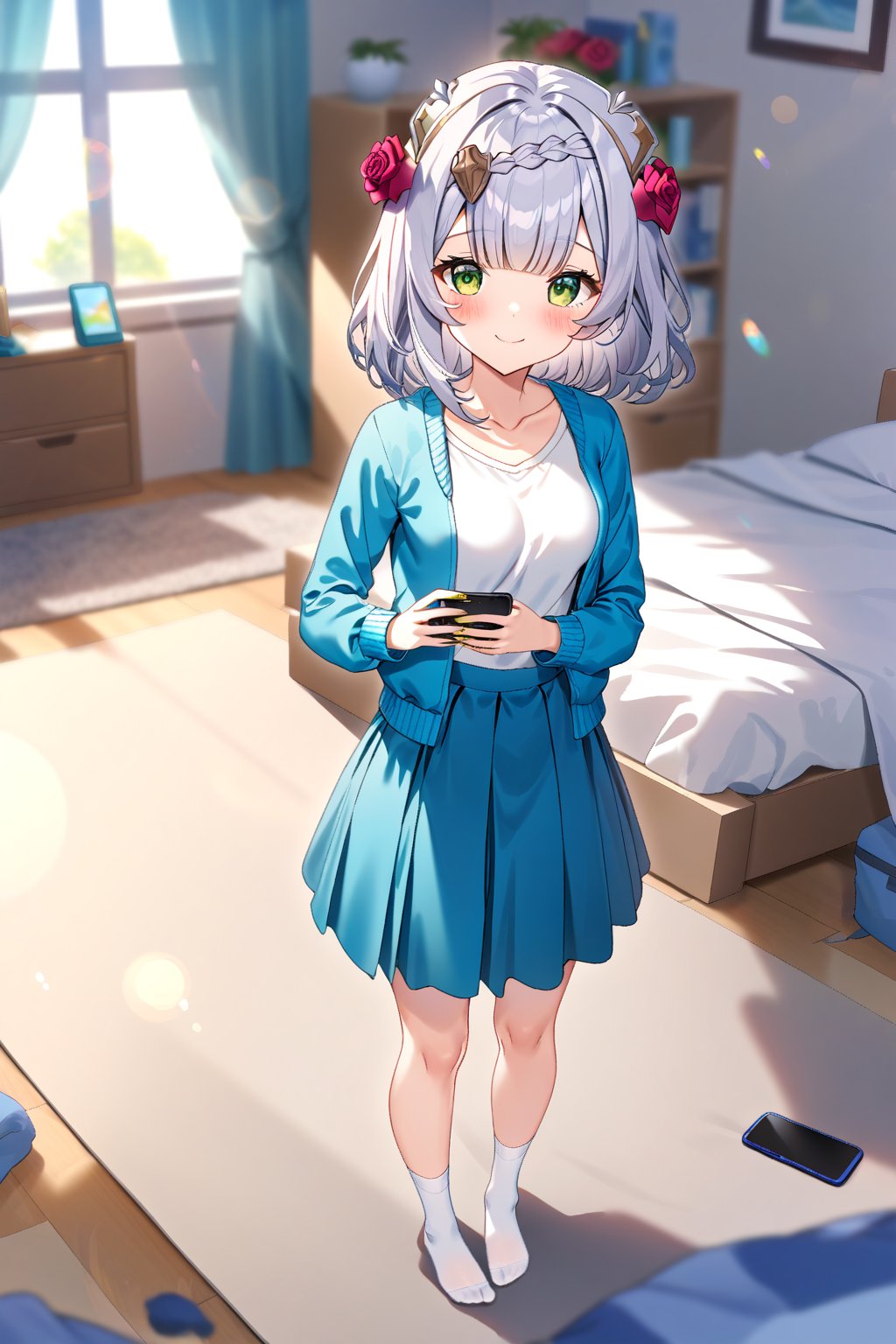 masterpiece, best quality,(1girl), solo,(depth of field),(solo focus),8K,HDR,(ultra high res),(highres),(full body),(lens flare),smiles,blush,(closed mouth),(noelle \(genshin impact\)),(green eyes),(blunt bangs),(grey hair),(braided bangs),(crown braid),(medium breasts),(medium hair),(red roses hair ornament),(gold nails),(alternate costume),(aqua blue jacket), (open jacket),(long sleeves),(white shirt),(blue skirt),(collarbone),(white socks),(no shoes),(standing),(indoors),(messy room),(shelf),(curtains),(carpet),(bed),(window),(holding phone),