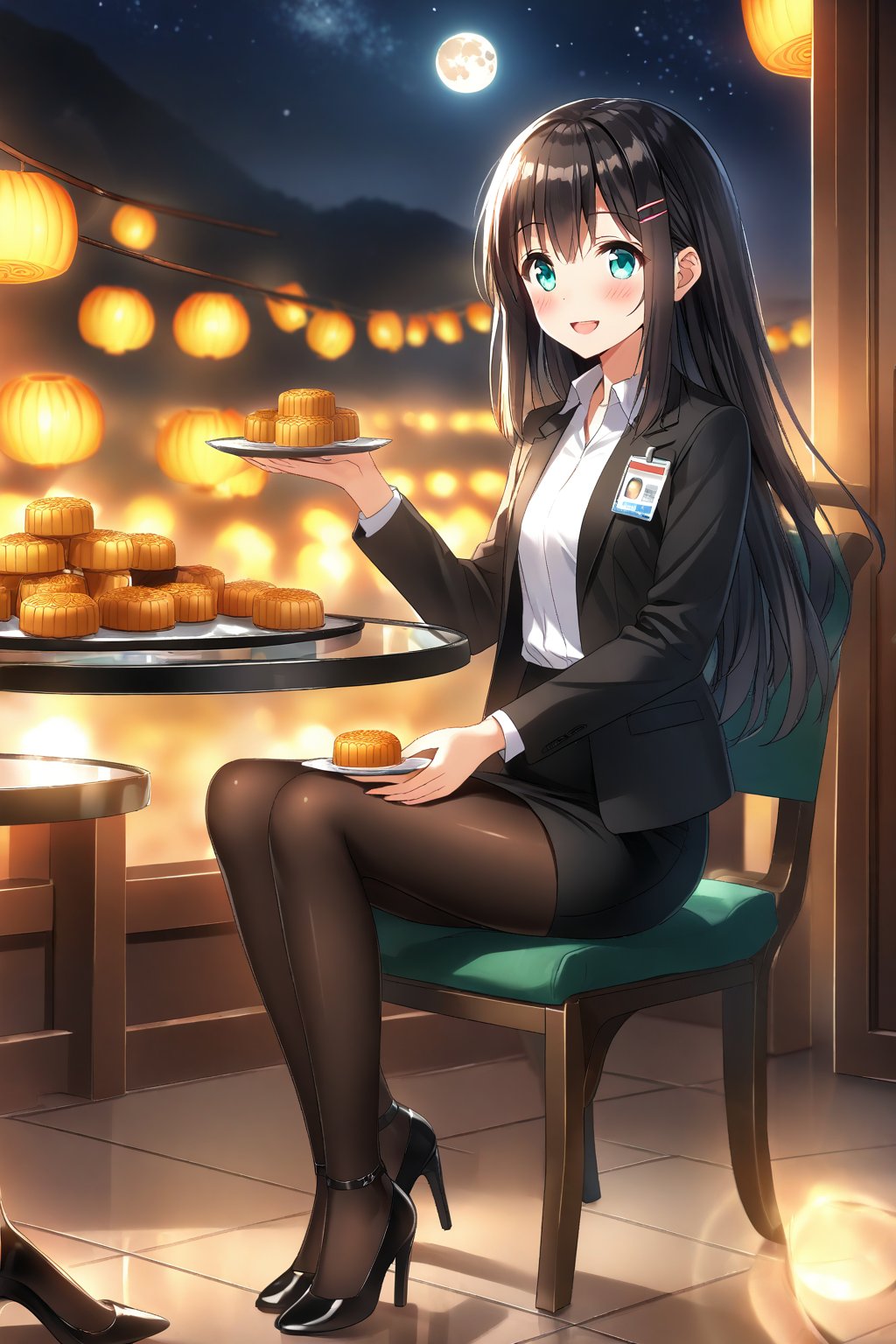 masterpiece, best quality,(1girl), solo,(depth of field),(solo focus),8K,HDR,(ultra high res),(highres),(full body),(full body),(lens flare),smiles,blush,(nice hands), (black hair),(long hair), bangs,(aqua eyes),(hairclip),(id card),(strap),(black jacket),(open jacket),(white shirt),(collared shirt),(black skirt),(pencil skirt),(black pantyhose),(black footwear),(high heels),(mid-autumn festival),(sky lantern),(sitting),(on chair),(armchair),(balcony),(((brown mooncake),food)on plate),(holding mooncake),(maple leaf),(teacup),(teapot),(sanbou),(tsukimi dango),((glass table),(round table)),(gold osmanthus),(yellow flower),(night sky),(star \(sky\)),(full moon),(culture),china,(tile floor),