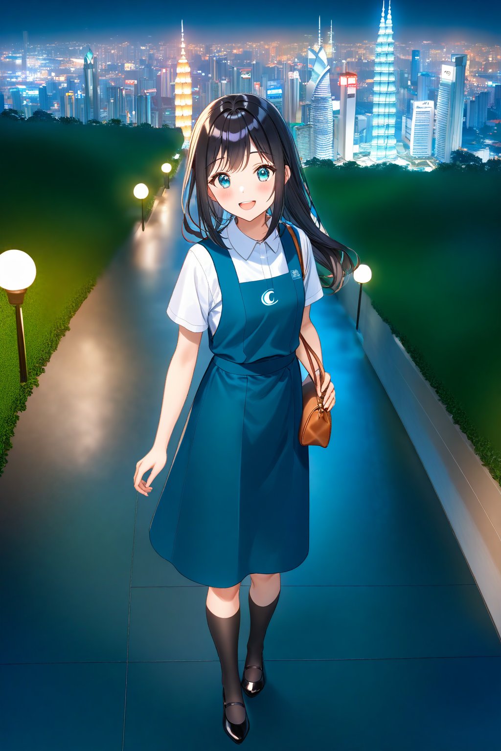 masterpiece, best quality,(1girl), solo,(depth of field),(solo focus),8K,HDR,(ultra high res),(highres),(full body),(lens flare),smiles,blush,(black hair), (long hair),(aqua eyes),(floating hair), sidelocks,(malaysian secondary school uniform),(schoollogo),(school's logo on right side (pinafore dress)),(aqua blue skirt),(blue pinafore),(collared shirt),(white shirt),(short sleeves),(black socks),(black footwear),(ballet flats),(standing),(outdoors),(cityspace),(holding hand bag),(lamppost),(building),urban,(petronas twin tower),(Longhouse),(national airport tower),KLCC,(Kuala Lumpur countryside),(Kuala Lumper Tower),Malaysia,(blue sky),landmarks,night,firework,(Hibiscus rosa-sinensis),flower,street