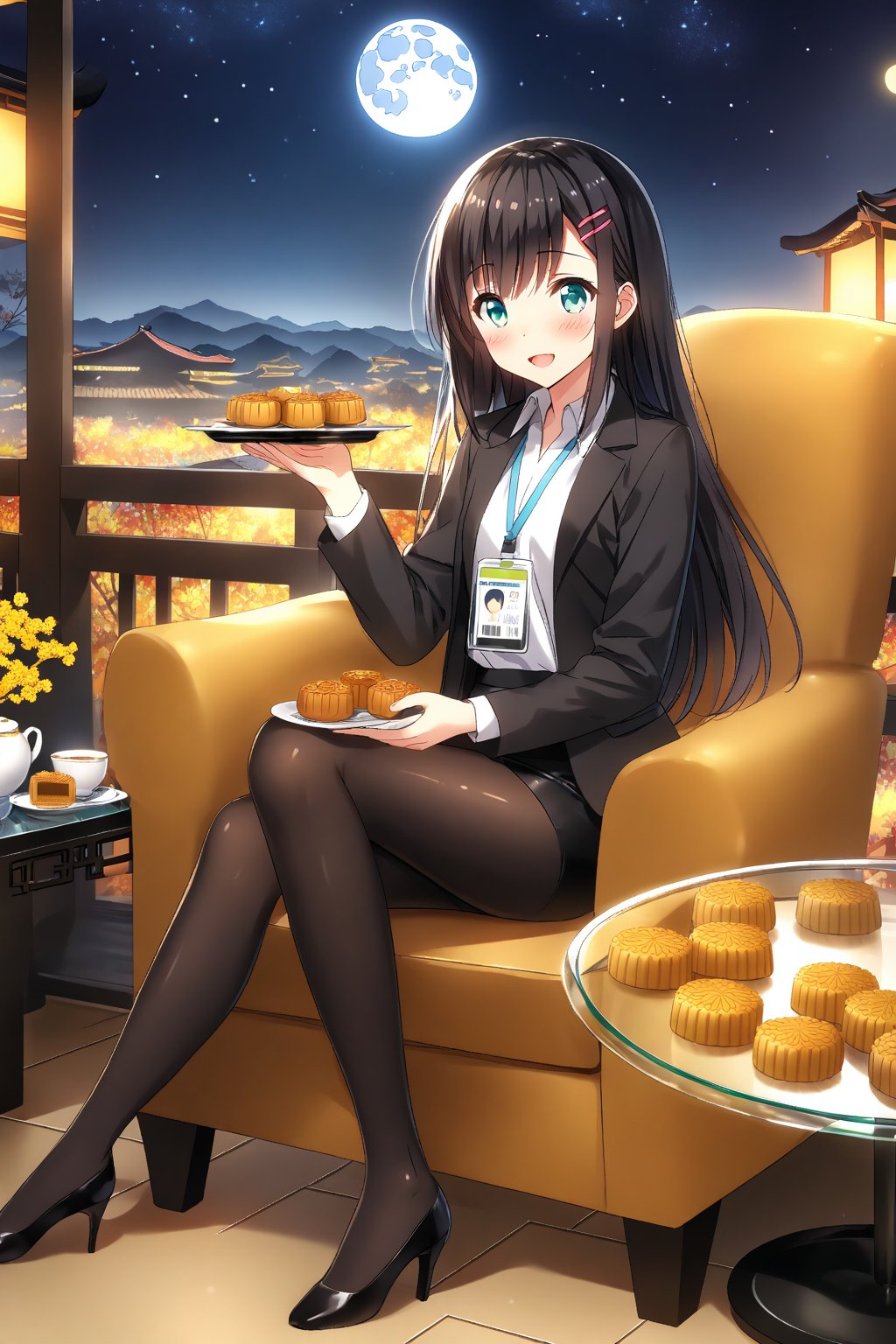 masterpiece, best quality,(1girl), solo,(depth of field),(solo focus),8K,HDR,(ultra high res),(highres),(full body),(full body),(lens flare),smiles,blush,(nice hands), (black hair),(long hair), bangs,(aqua eyes),(hairclip),(id card),(strap),(black jacket),(open jacket),(white shirt),(collared shirt),(black skirt),(pencil skirt),(black pantyhose),(unworn high heels),(mid-autumn festival),(sky lantern),(sitting),(on chair),(armchair),(balcony),(((brown mooncake),food)on plate),(holding mooncake),(maple leaf),(teacup),(teapot),(sanbou),(tsukimi dango),((glass table),(round table)),(gold osmanthus),(yellow flower),(night sky),(star \(sky\)),(full moon),(culture),china,(tile floor),