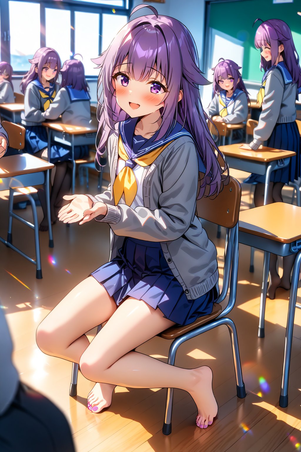 masterpiece, best quality,(1girl), solo,(depth of field),(solo focus),8K,HDR,(ultra high res),(highres),(full body),(full body),(lens flare),smiles,blush,(nice hands),(KJOANKO),(ahoge),(bangs),(purple hair),(long hair),(purple eyes),(hair flaps),(blue sailor collar),(open cardigan),(grey sweater),(yellow neckerchief),(long sleeves),(serafuku),(blue skirt),(barefoot),(toenail polish),(no shoes),(classroom),(sitting on chair),(table),