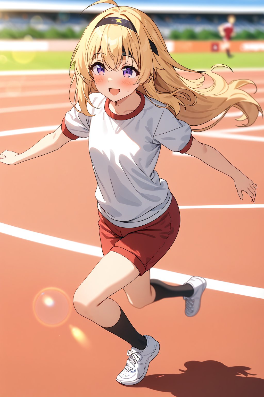 masterpiece, best quality,(1girl), solo,(depth of field),(solo focus),8K,HDR,(ultra high res),(highres),(full body),(lens flare),smiles,blush,ctiank0shi,ahoge (blonde hair),bangs,(long hair),(purple eyes),(headband),(white shirt),(red shorts),(gym uniform),(short sleeves),(black socks),(white footwear),(sneakers),(outdoors),(running track),(sports festival),(running),