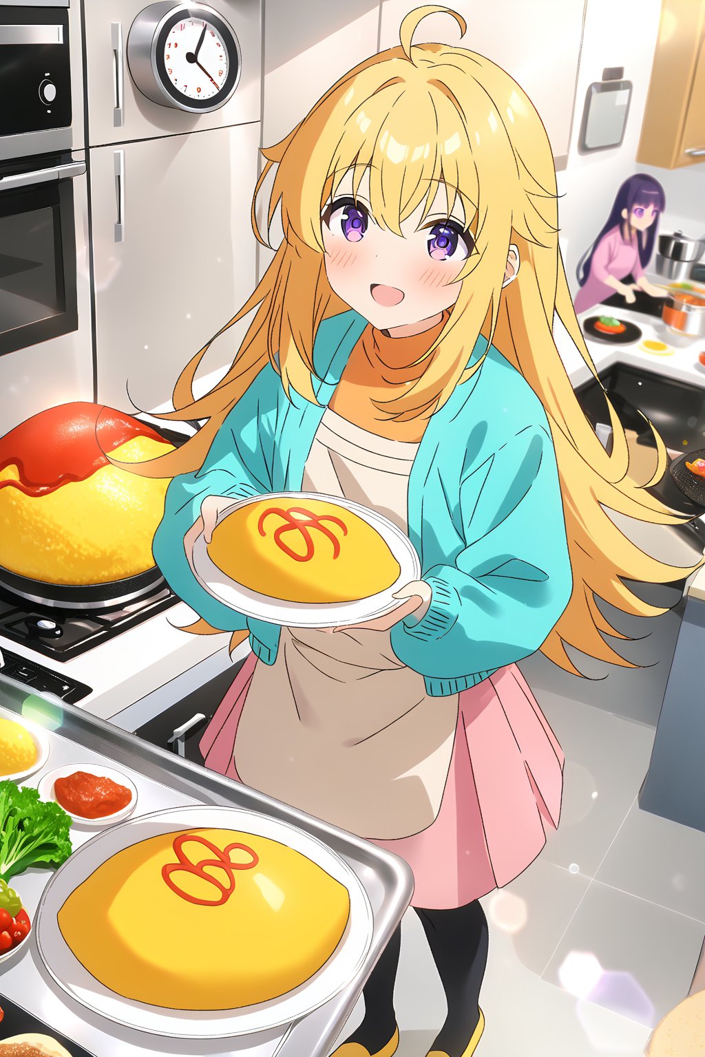 masterpiece, best quality,(1girl), solo,(depth of field),(solo focus),8K,HDR,(ultra high res),(highres),(full body),(lens flare),smiles,blush,ctiank0shi,ahoge (blonde hair),bangs,(long hair),(purple eyes),(aqua cardigan),(open cardigan),(orange shirt),(long sleeves),(pink skirt),(black socks),(yellow footwear),(ballet flats),(indoors),(cutting board),(white apron),(modern kitchen),(holding ladle),(cooking),(omelet,omurice,food),(frying pan),plate,(wall clock), microwave, refrigerator,stove,