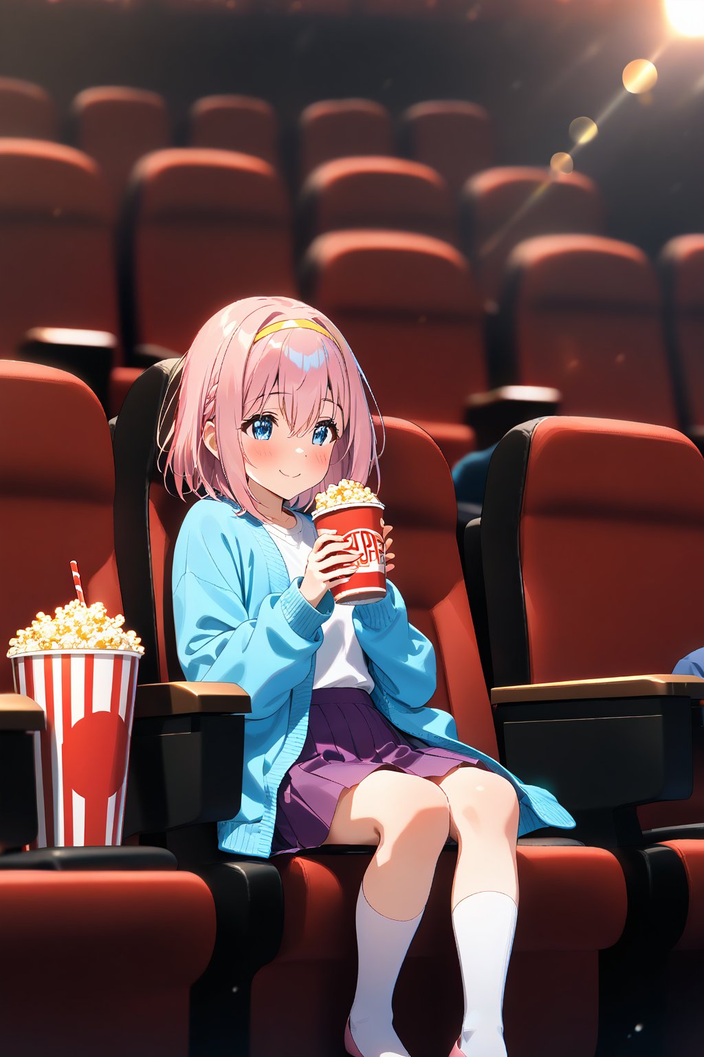 masterpiece, best quality,(1girl), solo,(depth of field),(solo focus),8K,HDR,(ultra high res),(highres),(full body),(lens flare),smiles,blush,(closed mouth),( yuipcrbase),bangs,(pink hair), (blue eyes), (medium hair), (hair between eyes),(yellow hairband),(hair ornament),(blue cardigan),(open cardigan),(white shirt),(collarbine),(purple skirt),(long sleeves),(white socks),(pink footwear),(ballet flats),(sitting),indoors, cinema,(holding food),(popcorn),(disposable cup),(drink),(movie theater),(theater seating),