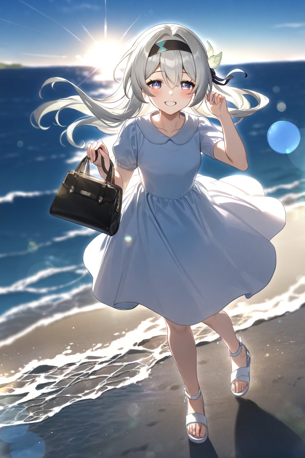 masterpiece, best quality,(1girls), solo,(depth of field),(solo focus),8K,HDR,(ultra high res),(highres),(full body),(perfect lighting),(lens flare),smiles,blush,(nice hands), (perfect hands),(firefly \(honkai: star rail\)),(floating hair),(hair flower),(black hairband),(puffy short sleeves),(white dress),(white skirt),(medium skirt), (white hat), outdoors, wind,(holding hand bag),(no socks),(white footwear),(sandals),bokeh,ocean,sunlight,standing,(blue sky),sand,