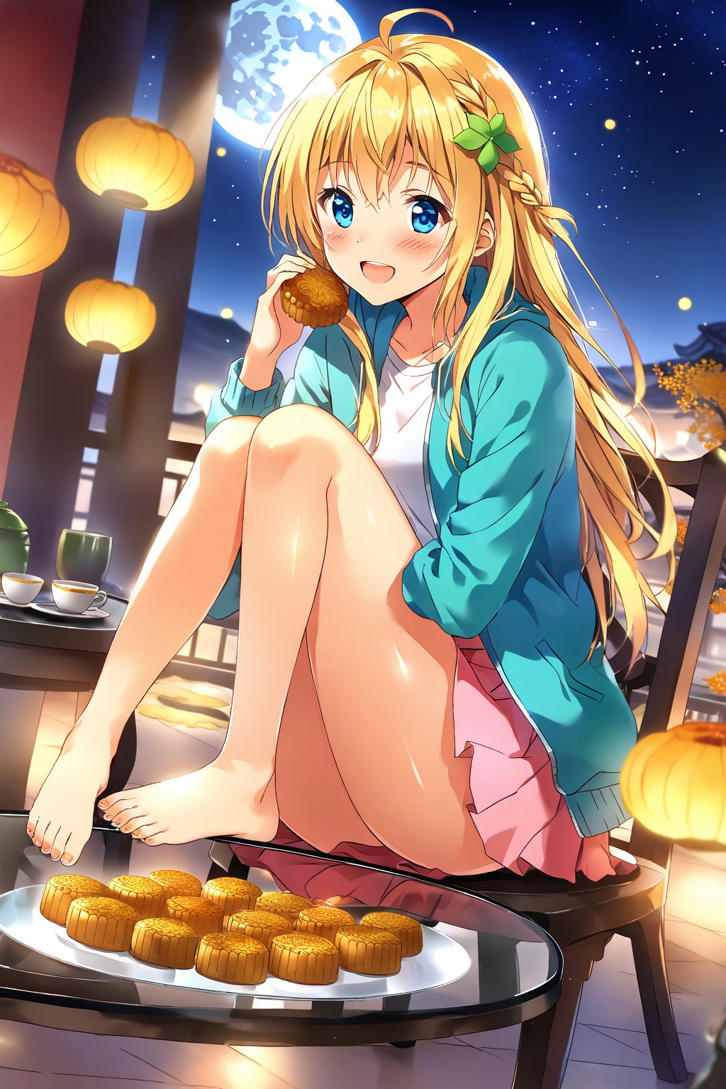 score_9, score_8_up, score_7_up, source_anime, masterpiece, best quality,(1girl), solo,(depth of field),(solo focus),8K,HDR,(ultra high res),(highres),(full body),(full body),(perfect lighting),smiles,blush,(iris/(/konosuba)),(blonde hair),(long hair),ahoge,((grapes hair ornament),(hair betwwen eyes),(bangs),(blue eyes),(side braid),(blue eyes),(aqua jacket),(open jacket),(white shirt),(pink skirt),(barefoot),(toenail polish),(no shoes),(mid-autumn festival),(sky lantern),(sitting),(on chair),(armchair),(balcony),(((brown mooncake),food)on plate),(holding mooncake),(maple leaf),(teacup),(teapot),(sanbou),(tsukimi dango),((glass table),(round table)),(gold osmanthus),(yellow flower),(night sky),(star \(sky\)),(full moon),(culture),china,(tile floor)