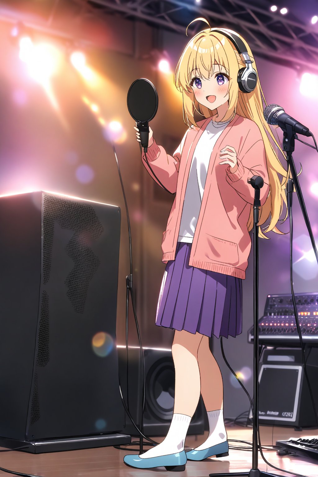 masterpiece, best quality,(1girl), solo,(depth of field),(solo focus),8K,HDR,(ultra high res),(highres),(full body),(lens flare),smiles,blush,ctiank0shi,ahoge (blonde hair),bangs,(long hair),(purple eyes),(pink cardigan),(open cardigan),(red shirt),(long sleeves),(purple skirt),(white socks),(blue footwear),(flats),(indoors),(amplifier),(cable),(computer keyboard),(pop filter),(contemporary),(music stand),(headphones),(instrument),(music),(microphone stand),(singing),(speaker),(stage lights),(studio),(studio microphone),(holding book),(open book),(musical note)