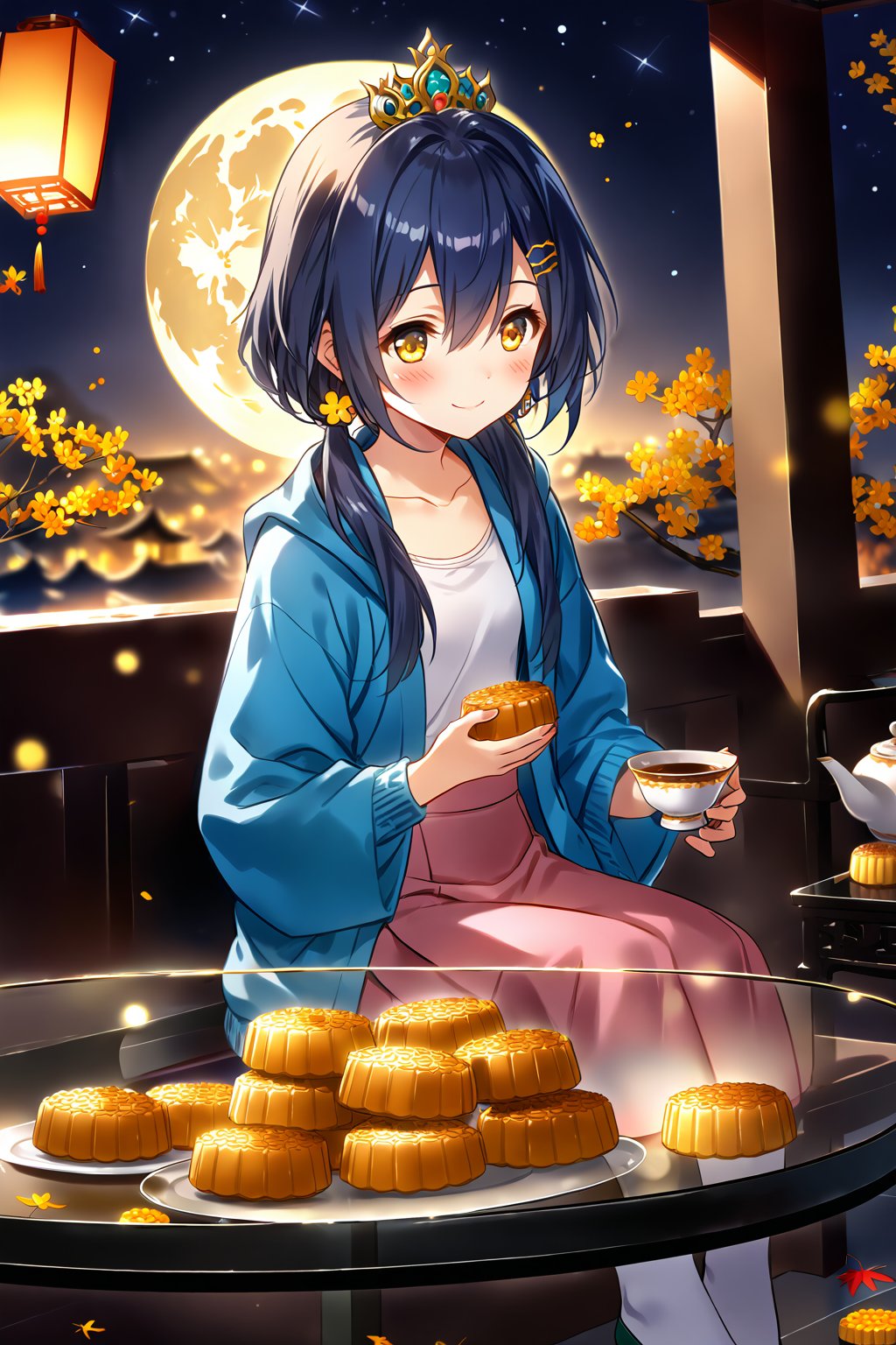 masterpiece, best quality,(1girl), solo,(depth of field),(solo focus),8K,HDR,(ultra high res),(highres),(full body),(perfect lighting),(lens flare),smiles,blush,(closed mouth),(yunli),(dark blue hair),(short hair with long locks),(low twintails),(yellow eyes),(hair between eyes),(single earrings),(crown),(hairclip),(headpiece),(hair ornament),(low ponytail),(double ponytail),(blue cardigan),(open cardigan),(white shirt),(collarbone),(pink skirt),(white socks),(green footwear),(ballet flats),(mid-autumn festival),(sky lantern),(sitting),(on chair),(armchair),(balcony),(((brown mooncake),food)on plate),(holding mooncake),(maple leaf),(teacup),(teapot),(sanbou),(tsukimi dango),((glass table),(round table)),(gold osmanthus),(yellow flower),(night sky),(star \(sky\)),(full moon),(culture),china,(tile floor), 