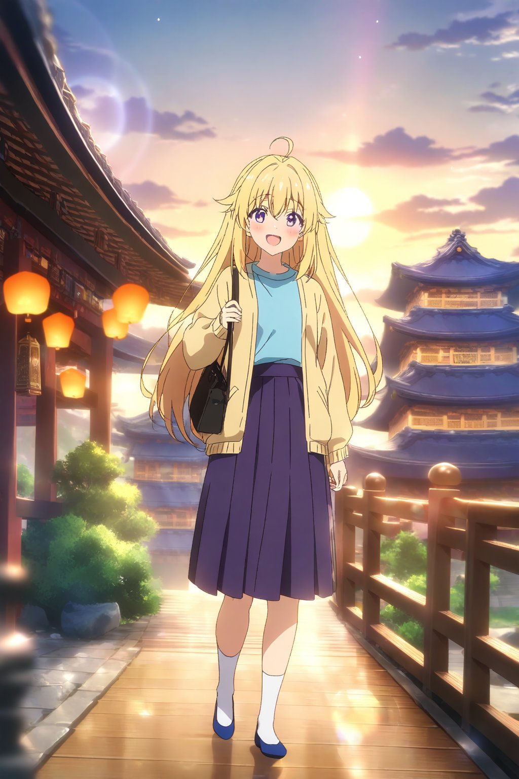 source_anime,masterpiece, best quality,(1girl), solo,(depth of field),(solo focus),8K,HDR,(ultra high res),(highres),(full body),(perfect lighting),(lens flare),smiles,blush,ctiank0shi,ahoge (blonde hair),bangs,(long hair),(purple eyes),(yellow cardigan),(open cardigan),(blue shirt),(long sleeves),(purple skirt),(white socks),(blue footwear),(flats),(holding hand bag),scenery, outdoors,(east asian architecture),(standing),(sky lantern),temple,(wooden floor),landscape,bell,stairs, railing,statue,