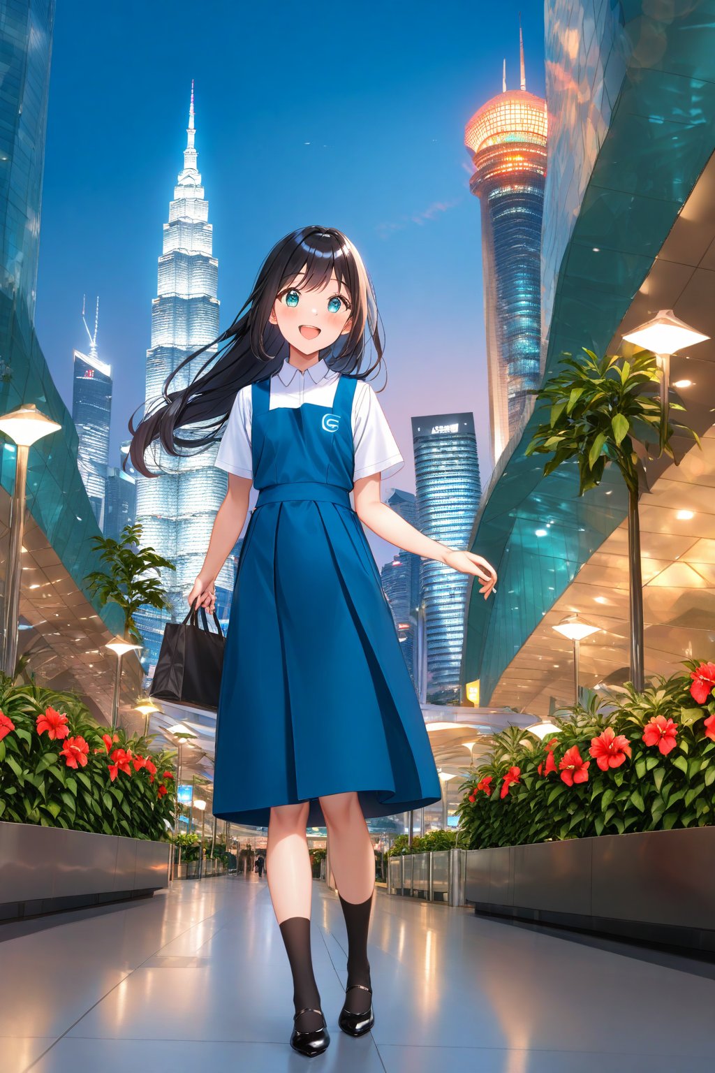 masterpiece, best quality,(1girl), solo,(depth of field),(solo focus),8K,HDR,(ultra high res),(highres),(full body),(lens flare),smiles,blush,(black hair), (long hair),(aqua eyes),(floating hair), sidelocks,(malaysian secondary school uniform),(schoollogo),(school's logo on right side (pinafore dress)),(aqua blue skirt),(blue pinafore),(collared shirt),(white shirt),(short sleeves),(black socks),(black footwear),(ballet flats),(standing),(outdoors),(cityspace),(holding bag),(lamppost),(building),urban,(petronas twin tower),(Longhouse),(national airport tower),KLCC,(Kuala Lumpur countryside),(Kuala Lumper Tower),Malaysia,(blue sky),landmarks,night,firework,(Hibiscus rosa-sinensis),flower,