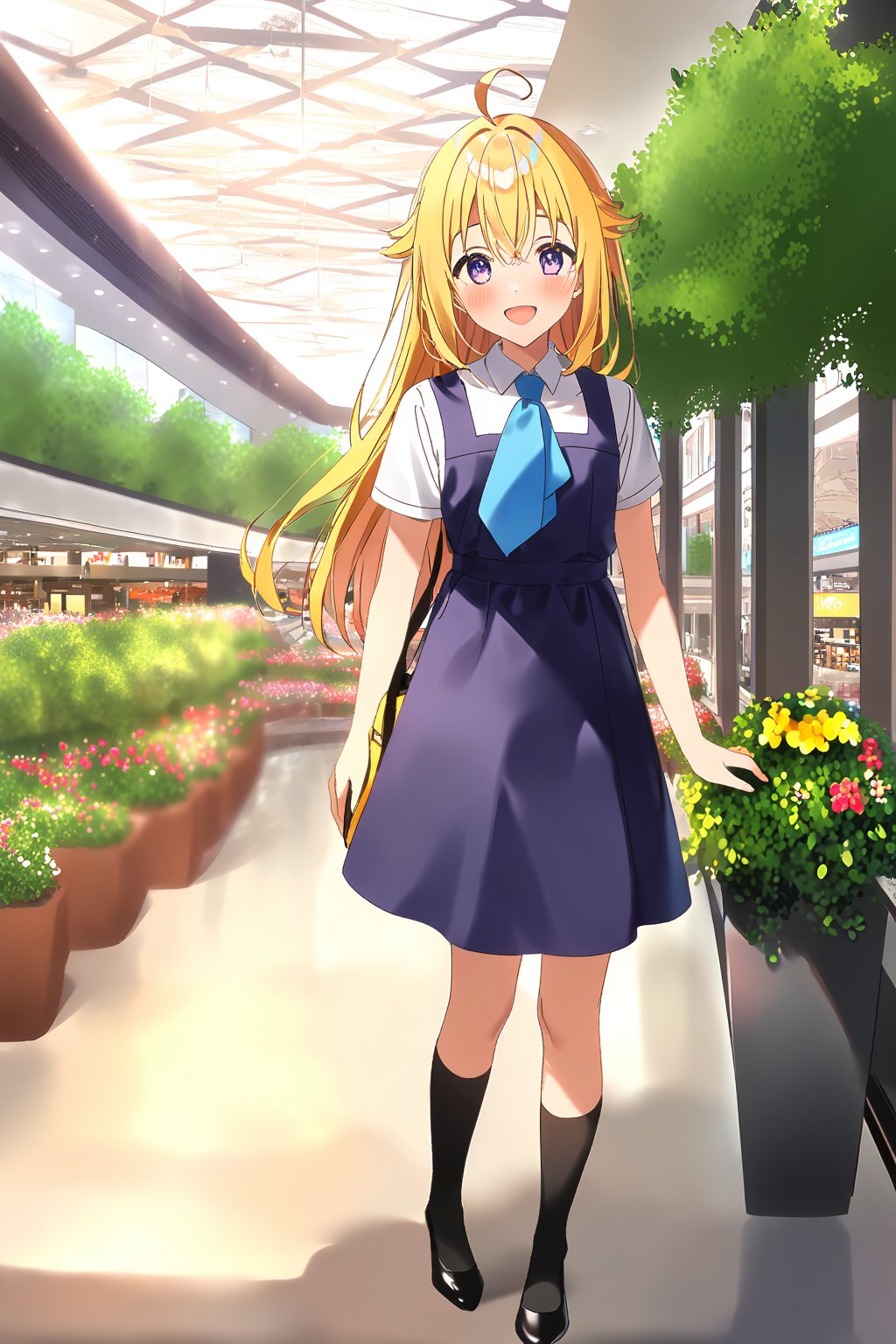 score_9, score_8_up, score_7_up, source_anime,masterpiece, best quality,(1girl), solo,(depth of field),(solo focus),8K,HDR,(ultra high res),(highres),(full body),(lens flare),smiles,blush,ctiank0shi,ahoge (blonde hair),bangs,(long hair),(purple eyes),(malaysian secondary school uniform),(schoollogo),(school's logo on right side (pinafore dress)),(aqua blue skirt),(blue pinafore),(collared shirt),(white shirt),(short sleeves),(black socks),(black footwear),(ballet flats),(holding school bag),(indoors),(shopping mall),bench, flower pot,bush, flag, tree pot, scenery, glass handrail, reflection, decorate ceiling, ceiling lighting,stainless