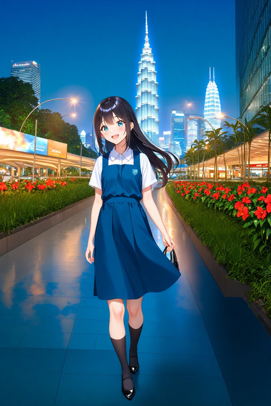 masterpiece, best quality,(1girl), solo,(depth of field),(solo focus),8K,HDR,(ultra high res),(highres),(full body),(lens flare),smiles,blush,(black hair), (long hair),(aqua eyes),(floating hair), sidelocks,(malaysian secondary school uniform),(schoollogo),(school's logo on right side (pinafore dress)),(aqua blue skirt),(blue pinafore),(collared shirt),(white shirt),(short sleeves),(black socks),(black footwear),(ballet flats),(standing),(outdoors),(cityspace),(holding hand bag),(lamppost),(building),urban,(petronas twin tower),(Longhouse),(national airport tower),KLCC,(Kuala Lumpur countryside),(Kuala Lumper Tower),Malaysia,(blue sky),landmarks,night,firework,(Hibiscus rosa-sinensis),flower,street