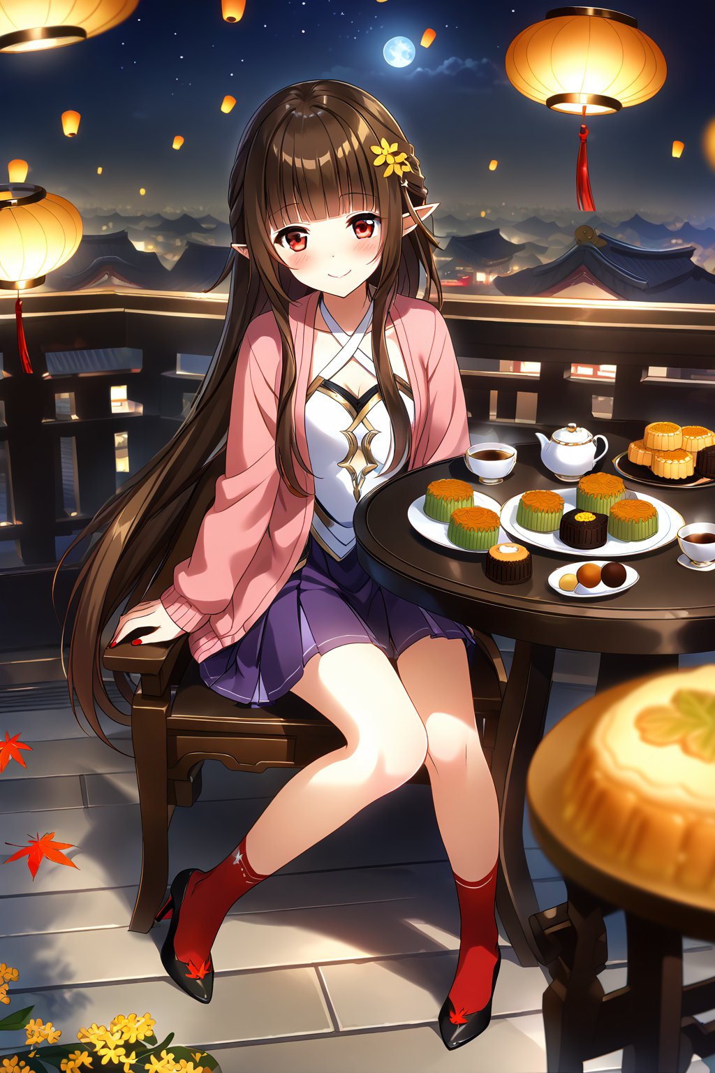 masterpiece, best quality,(1girl), solo,(depth of field),(solo focus),8K,HDR,(ultra high res),(highres),(full body),(lens flare),smiles,blush,(closed mouth),(lingsha),(blunt bangs),(brown hair),(very long hair),(red eyes),(pointy ears ),sidelocks,(hair ornament),(jewelry),(halterneck),jewelry,(pink cardigan),(open cardigan),(white shirt),(purple skirt),(red socks),(black footwear),(high heels),(red nail),(no shoes),(mid-autumn festival),(sky lantern),(sitting),(on chair),(armchair),(balcony),(((brown mooncake),food)on plate),(holding mooncake),(maple leaf),(teacup),(teapot),(sanbou),(tsukimi dango),((glass table),(round table)),(gold osmanthus),(yellow flower),(night sky),(star \(sky\)),(full moon),(culture),china,(tile floor),